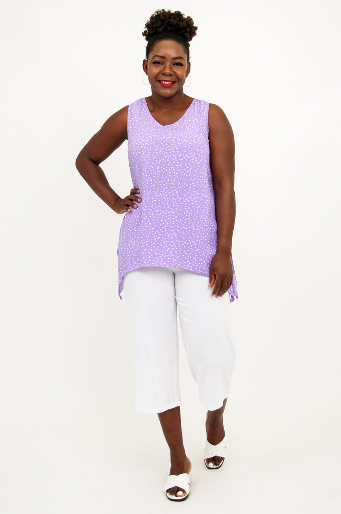 Dotty Tank Top - Purple Polka Dot Women's Casual Blouse for Summer Outfits & Beach Wear
