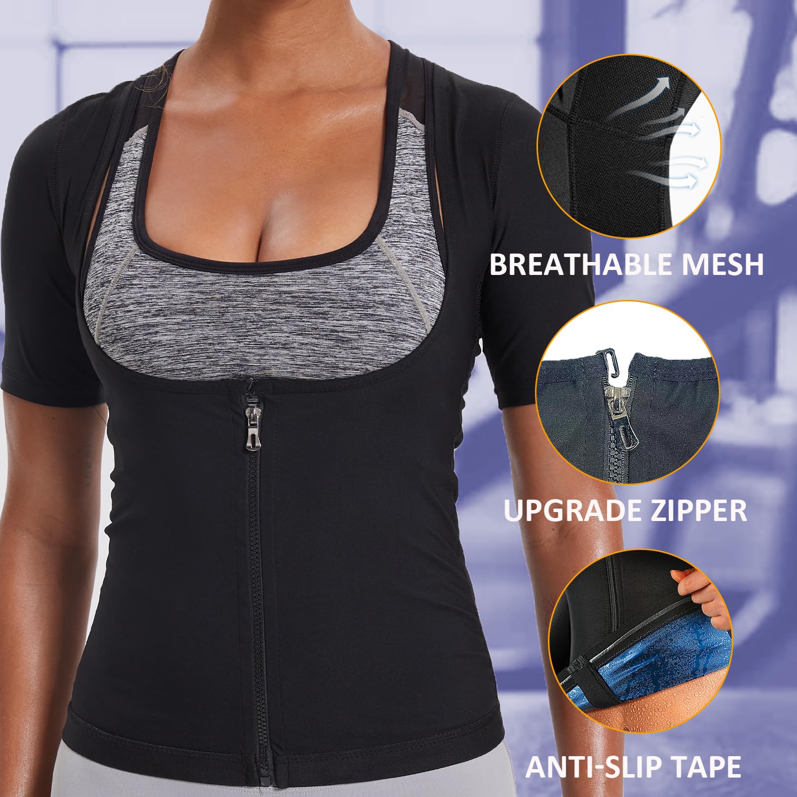 Women's Sauna Suit Shirt - Weight Loss Sweat Vest with Zipper, Waist Trainer & Workout Compression Tank Top for Fitness, Gym & Detox