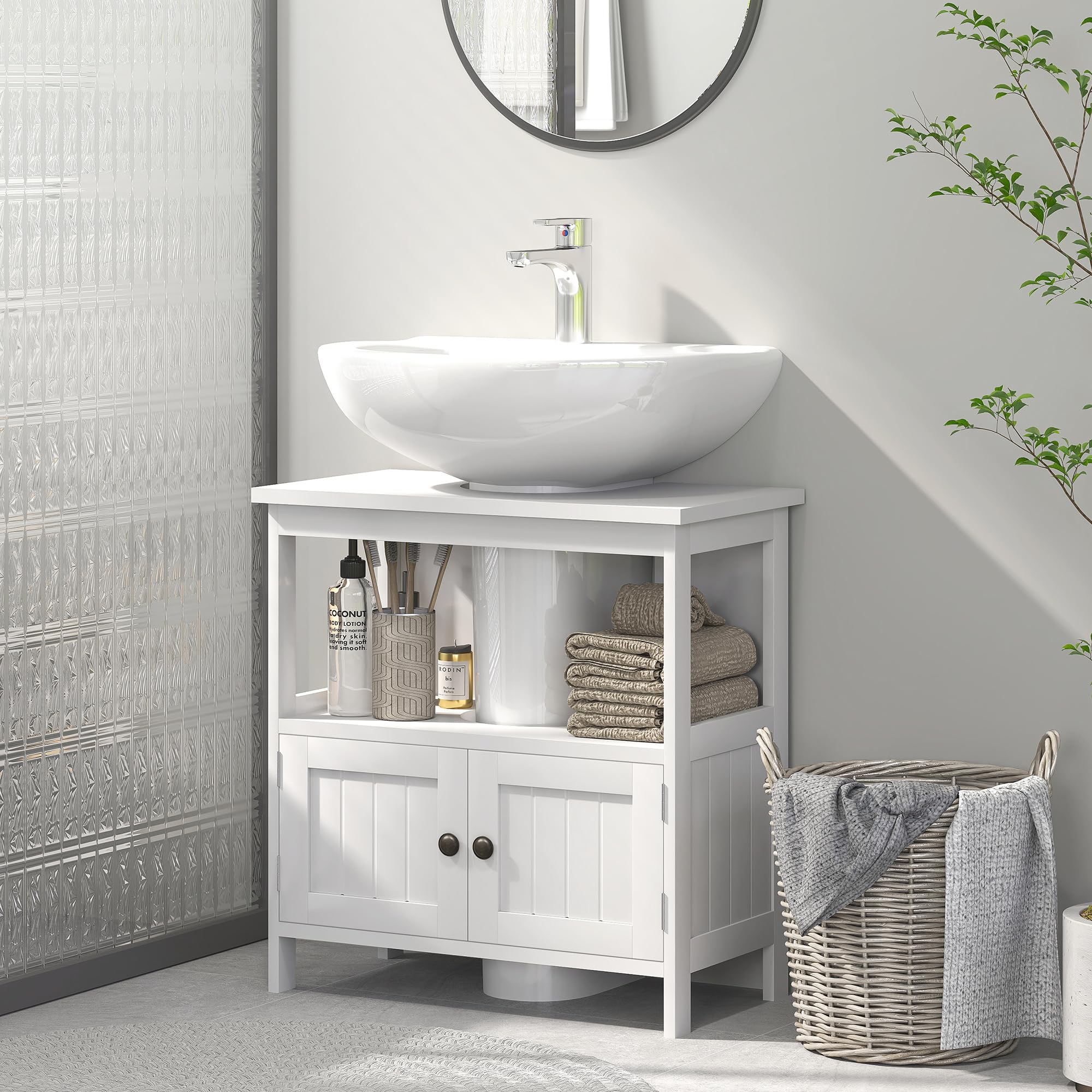 Kleankin White Pedestal Sink Storage Cabinet - 2 Door Bathroom Vanity with Open Shelf for Under Sink Organization | Perfect for Small Bathrooms, Powder Rooms & Apartment Bath Storage