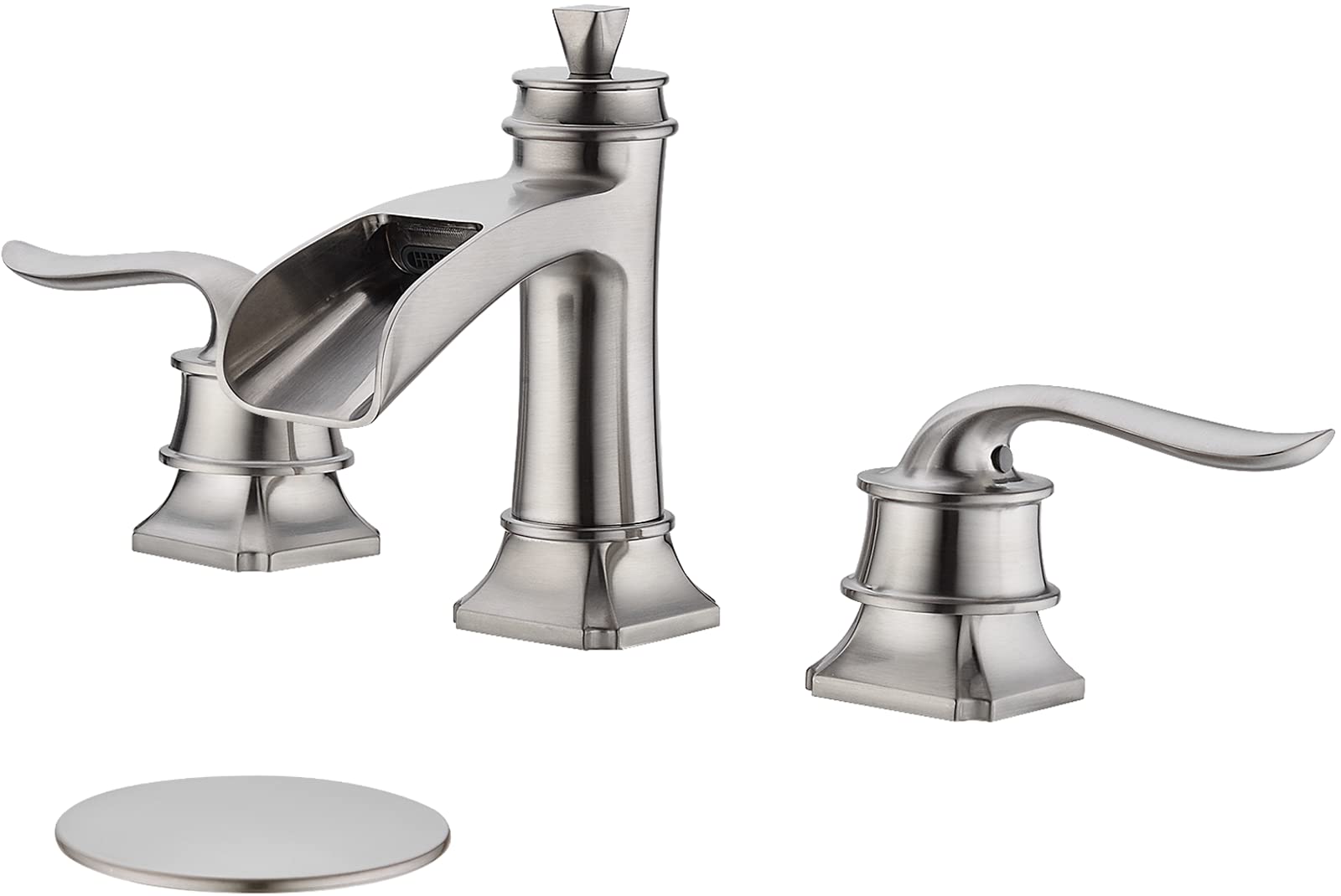 TRUSTMI 8 Inch Widespread Brass Bathroom Faucet - 2 Handle 3 Piece Vanity Sink Faucet with Overflow Pop-Up Drain - Traditional Waterfall Design in Brushed Nickel Finish - Perfect for Bathroom Vanity, Powder Room, and Guest Bathroom Sink Installation