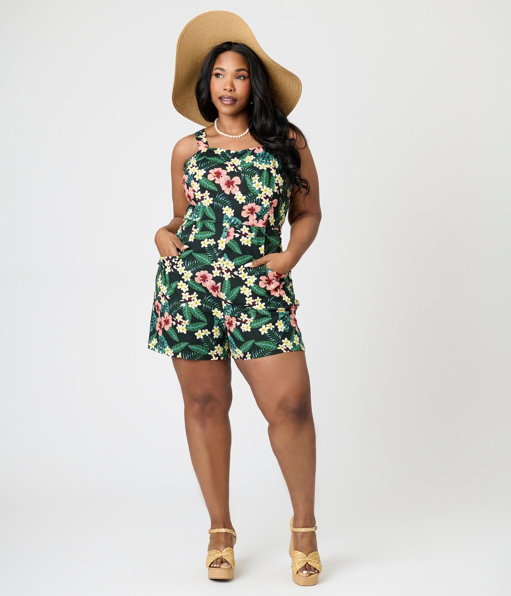 Royal Monk Plus Size Tropical Print Elsie Romper - Women's Floral Jumpsuit with Pockets, Summer Beach Vacation Outfit for Casual Wear & Tropical Getaways