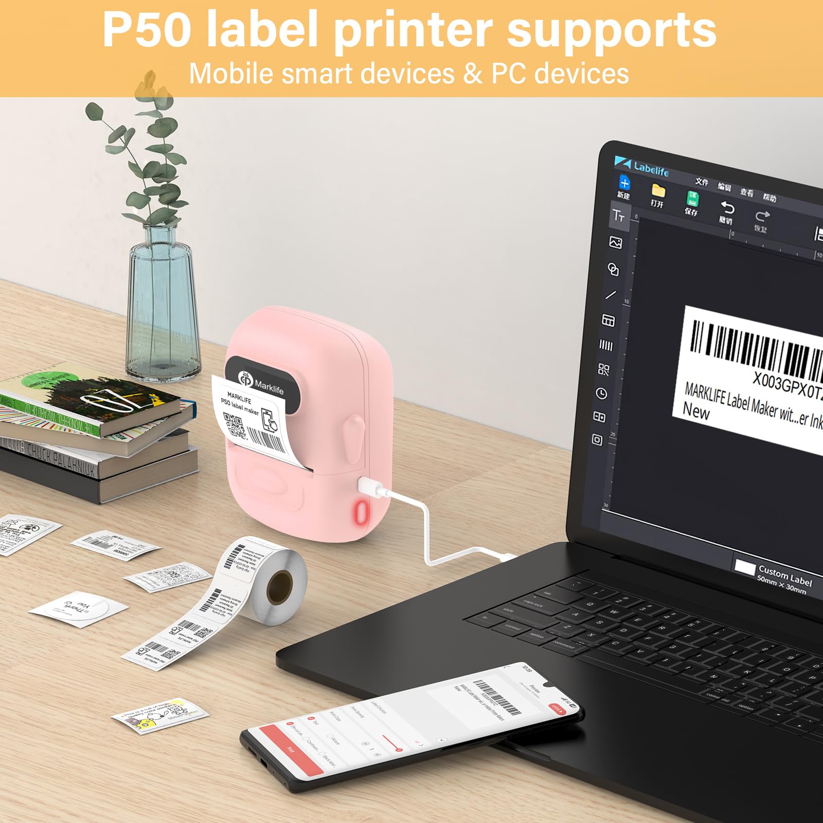 MARKLIFE Bluetooth Label Maker Machine - Portable Thermal Barcode Printer for Address, Clothing, Jewelry & Retail | Home Office & Small Business Organizing Tool (Pink + 2 Free Label Tapes Included) | Perfect for Shipping, Inventory & Craft Organization