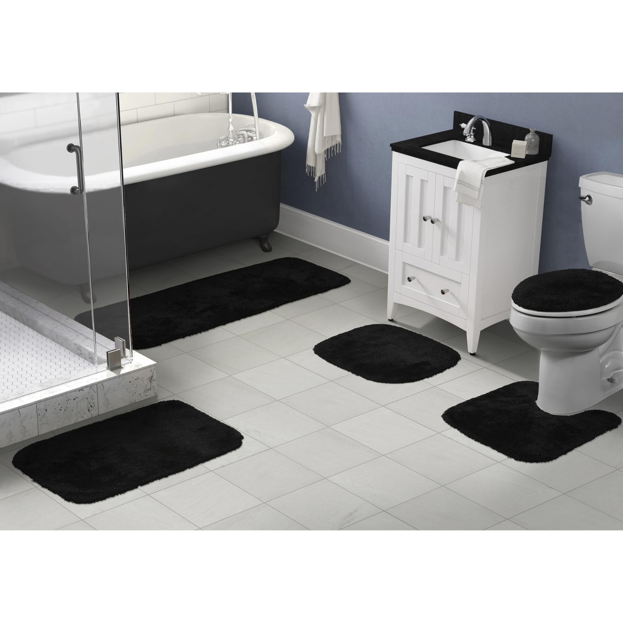 Garland Rug Finest Luxury Black 5-Piece Ultra Plush Washable Bathroom Rug Set - Soft, Absorbent & Stylish Non-Slip Bath Mat for Shower, Tub & Vanity Area in Basin Blue