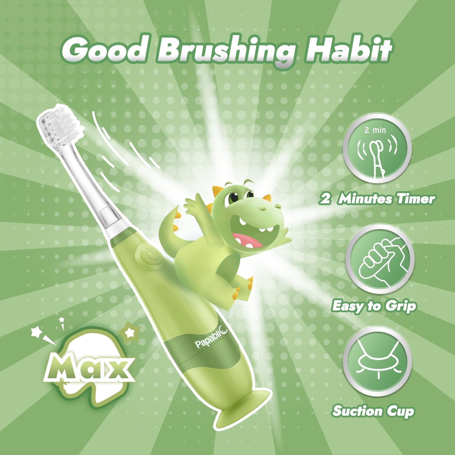 **Papablic Sonic Electric Toothbrush for Toddlers Ages 1-3 – Kids Electric Toothbrush with Dinosaur Cover, Smart LED Timer & 4 Brush Heads – Gentle Cleaning for Baby Teeth – Perfect for Home & Travel Use**