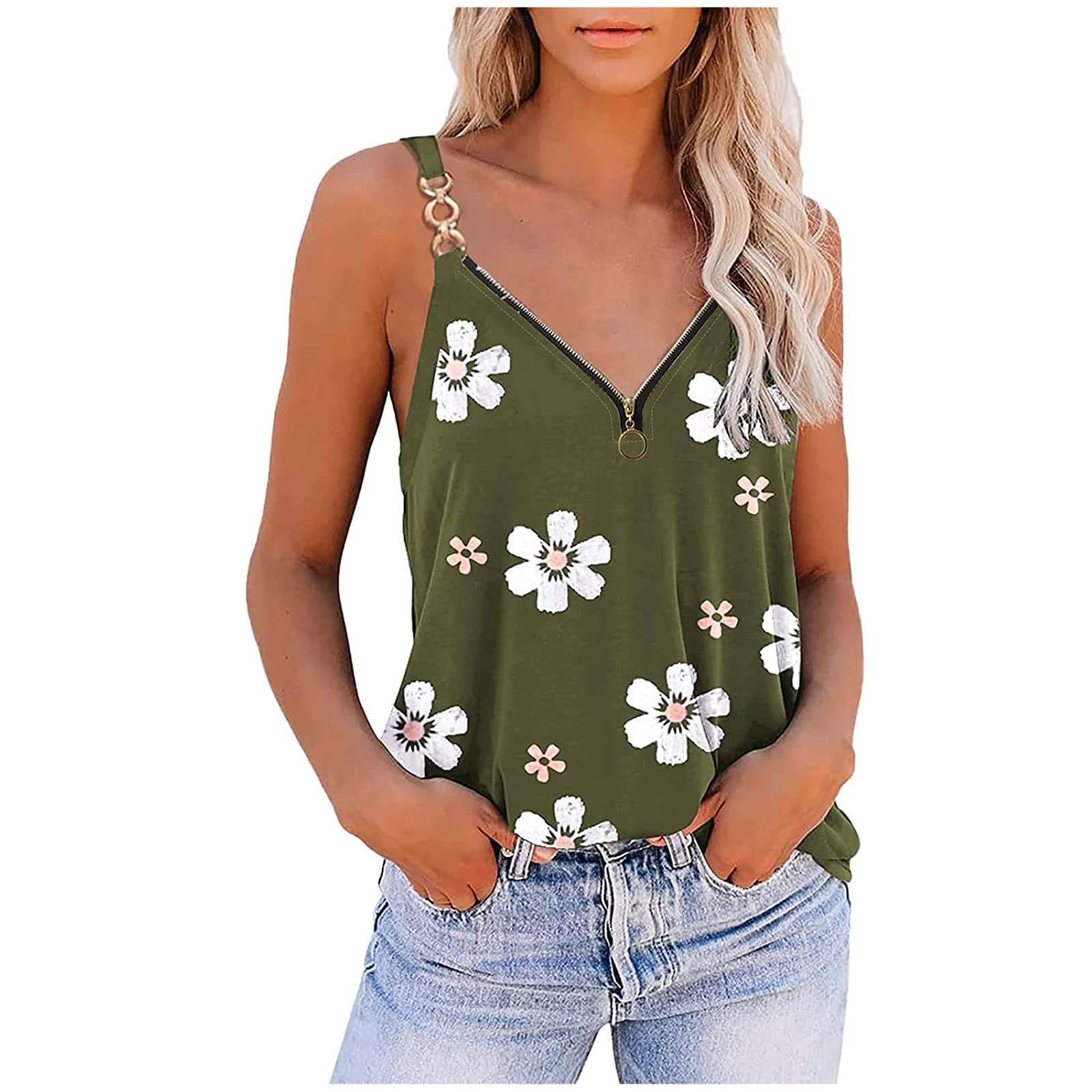Women's Summer Sleeveless V-Neck Printed Camisole Top with Zipper - Casual Blouse for Beach, Vacation & Everyday Wear