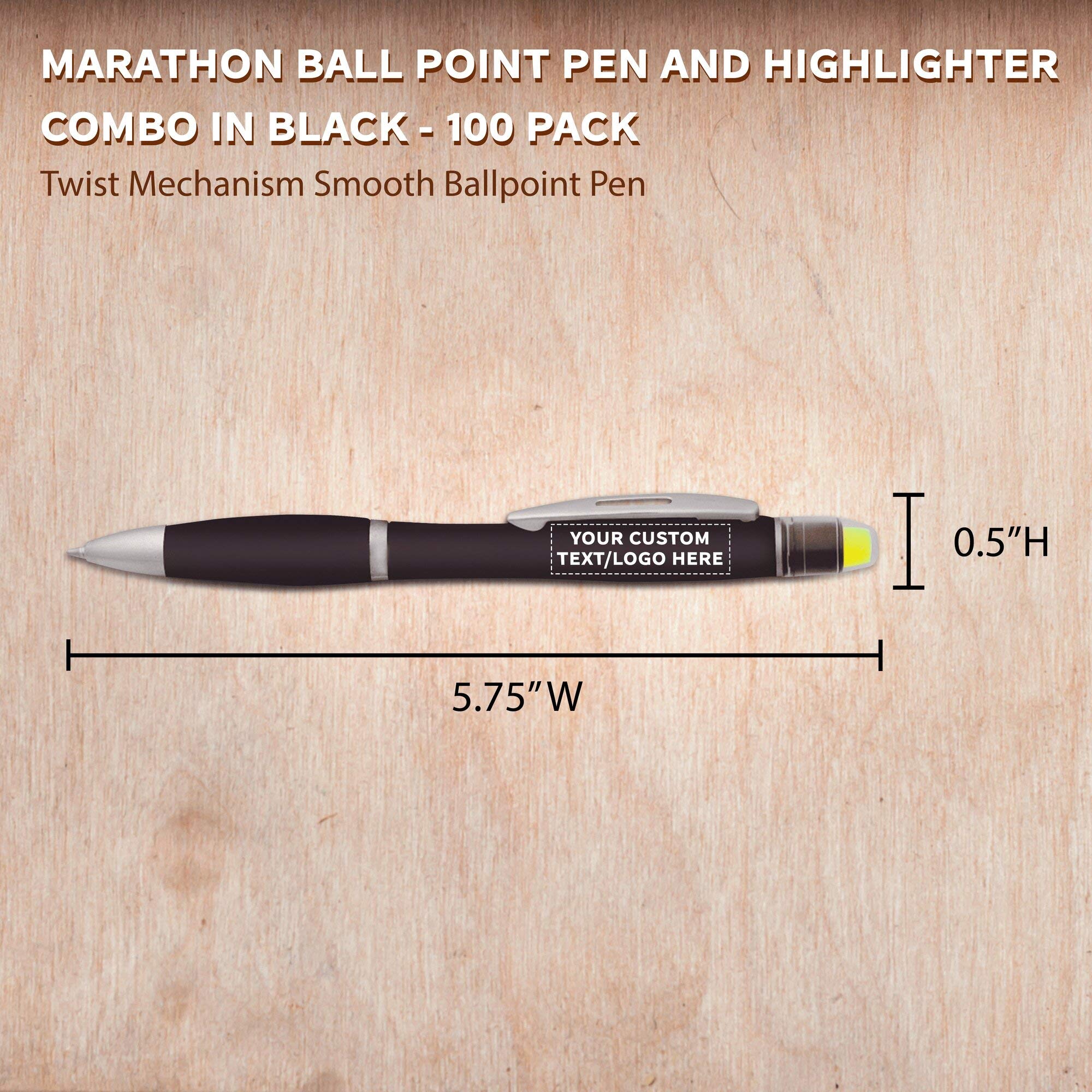 100-Pack Marathon Gel Highlighter Pens with Custom Text/Logo - Smooth Twist Ballpoint for Office, School & Study Notes - Vibrant Black Ink Markers (Bulk Discount)