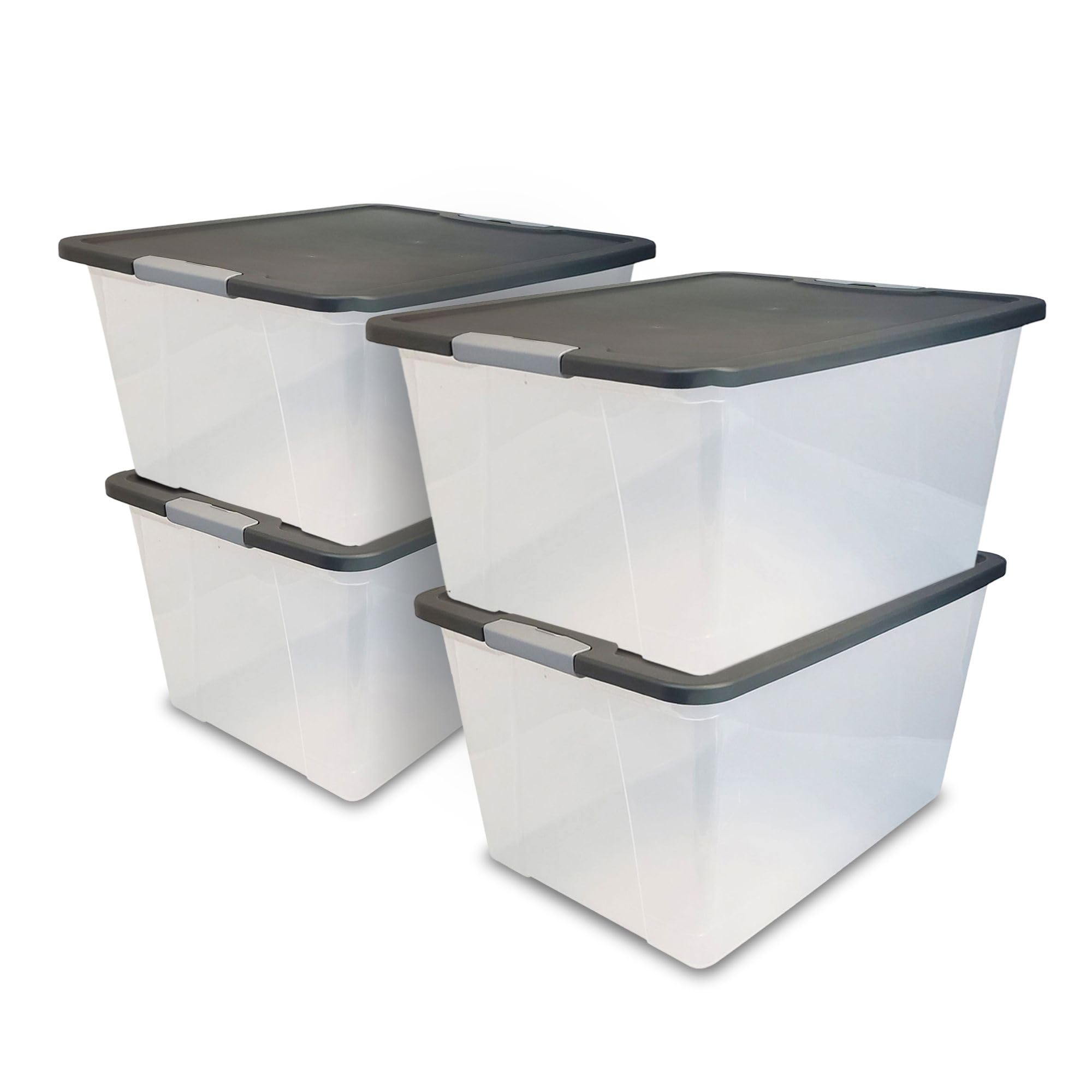 HOMZ 4-Pack 64 Quart Clear Plastic Storage Bins with Secure Latches & Gray Lids - Organize Closet, Pantry, Garage, or Kids' Toys Storage Solutions