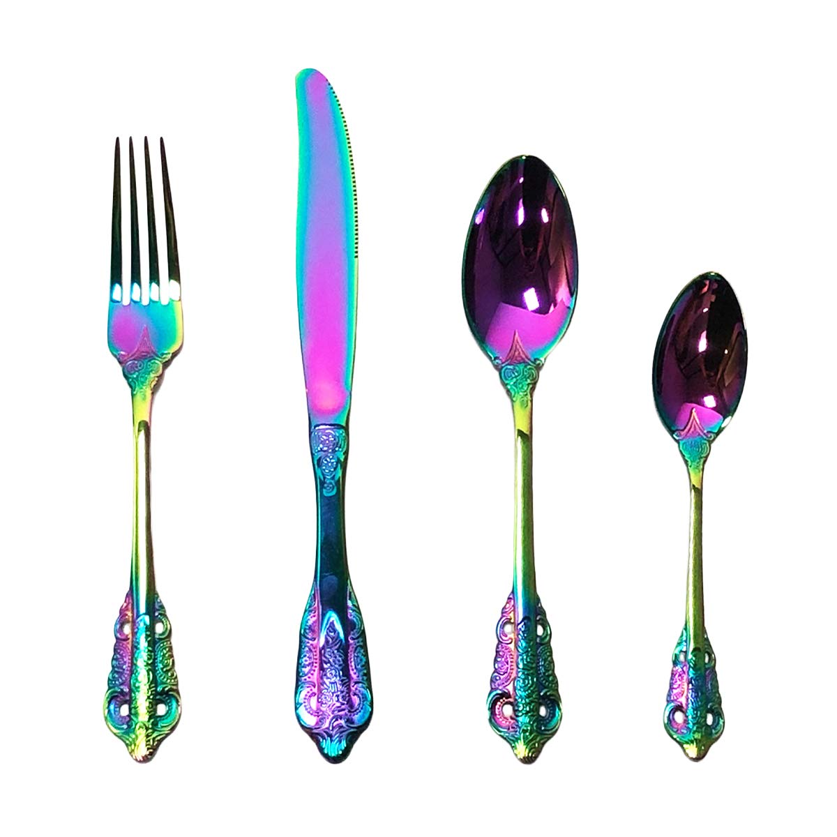 Gugrida 4-Piece Rainbow Silverware Set - 18/10 Stainless Steel Flatware Cutlery (Fork, Knife, Spoon) - Mirror Finish, Dishwasher Safe - Colorful Eating Utensils for Home, Kitchen, Party, Camping & Travel