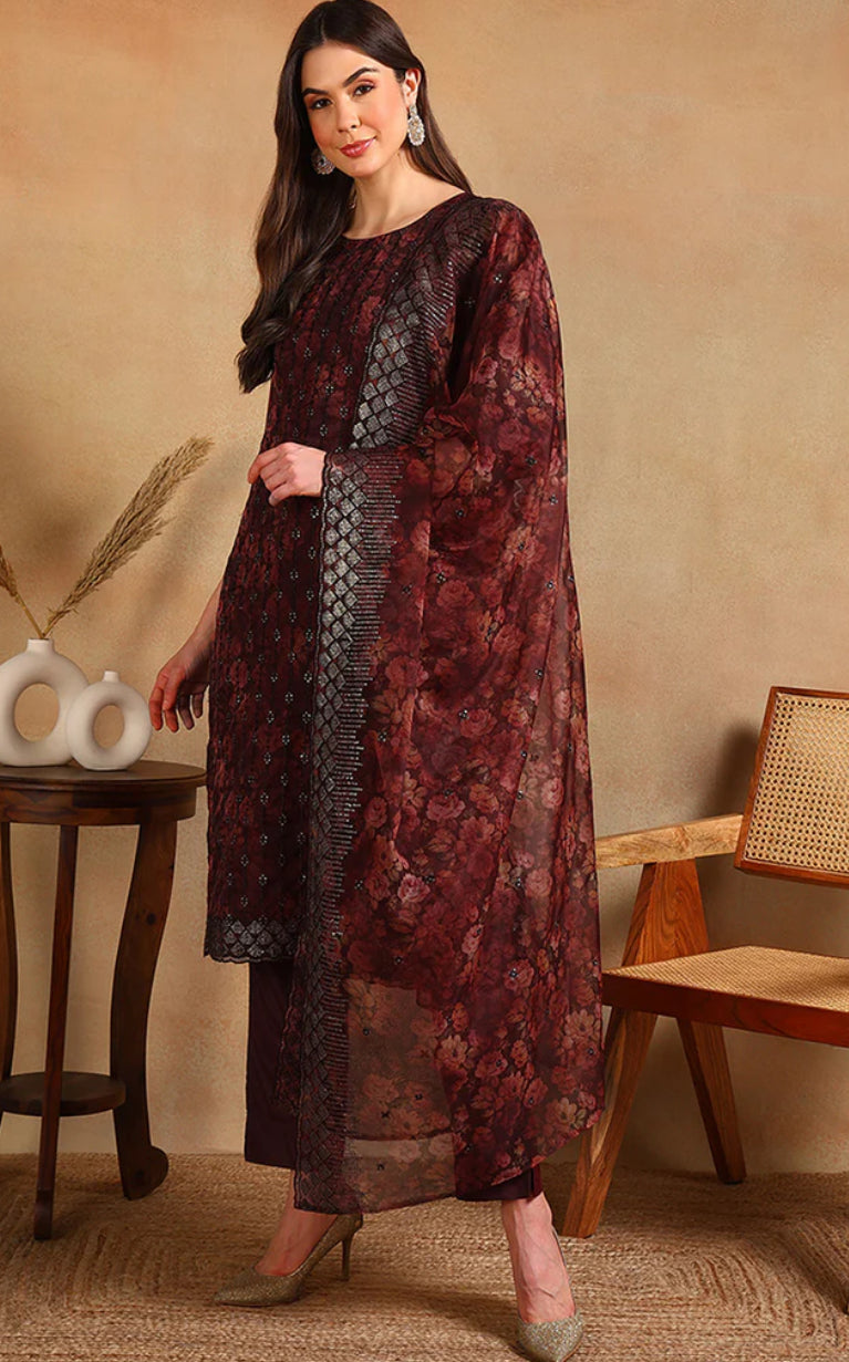 Elegant Brown Organza Straight Suit Set for Women - Formal Office Wear & Special Occasion Outfit