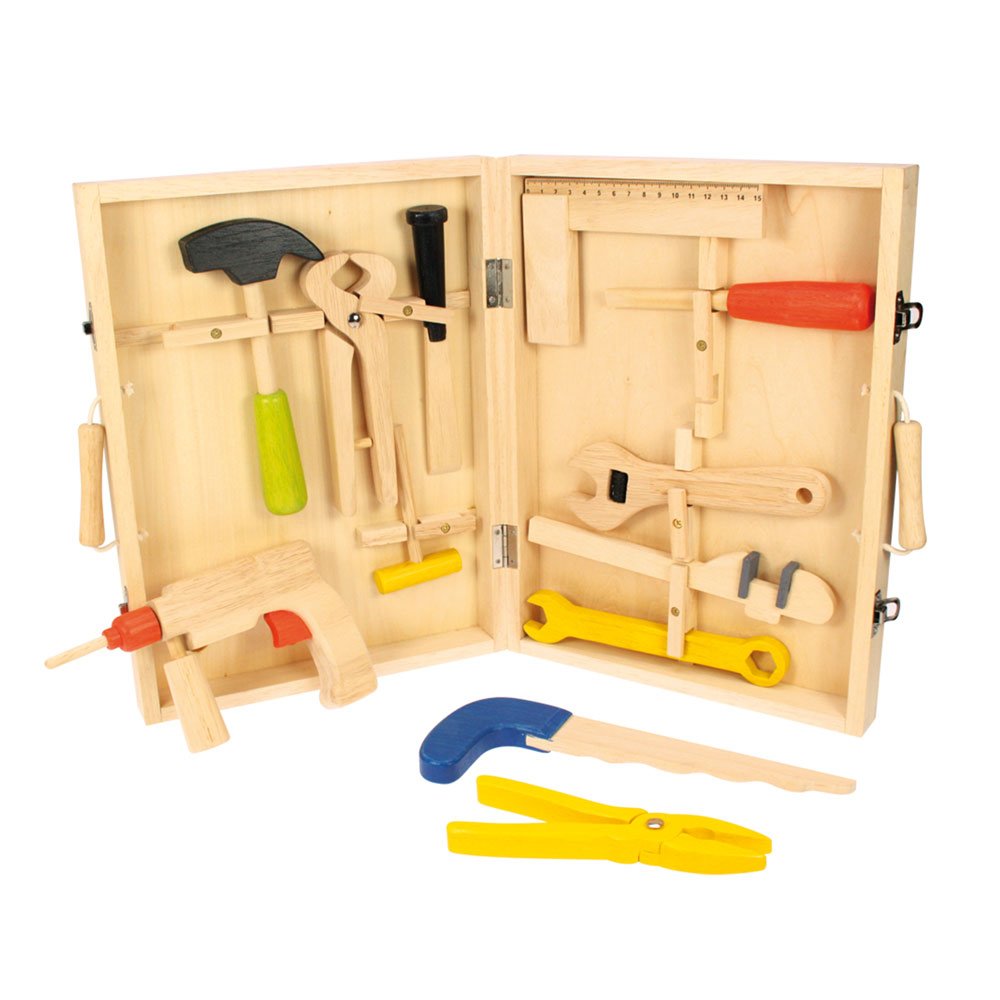 Bigjigs Toys Carpenter's Tool Box - Wooden Pretend Play Tool Set for Kids, 14-Piece Educational Construction Toy for Toddlers & Preschoolers - Perfect for Role Play, Early Learning & Fine Motor Skills Development
