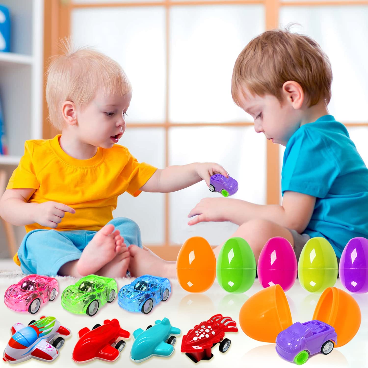 24 Pack Prefilled Easter Eggs with Pull-Back Car Toys - 24 Assorted Vehicle Styles & 1 Golden Egg - Easter Basket Stuffers for Kids, Boys Party Favors & Egg Hunt Prizes - Perfect for Easter Celebrations, Birthday Parties and Classroom Rewards