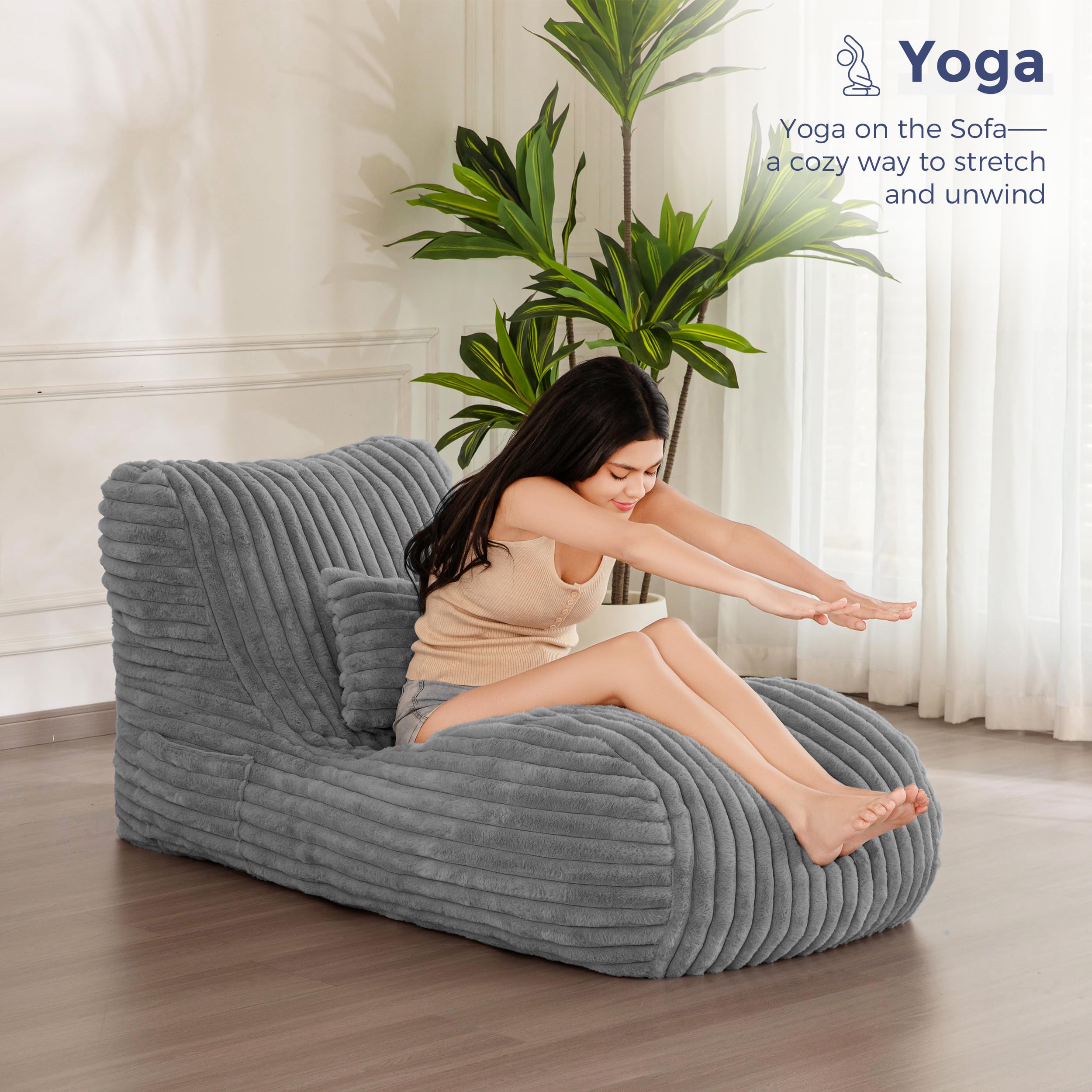 Ergonomic Velvet Chaise Lounge Chair with Pillow - Soft Fabric Floor Sofa for Bedroom & Living Room - Grey | MAXYOYO Comfortable Fainting Couch for Relaxing, Reading & Napping