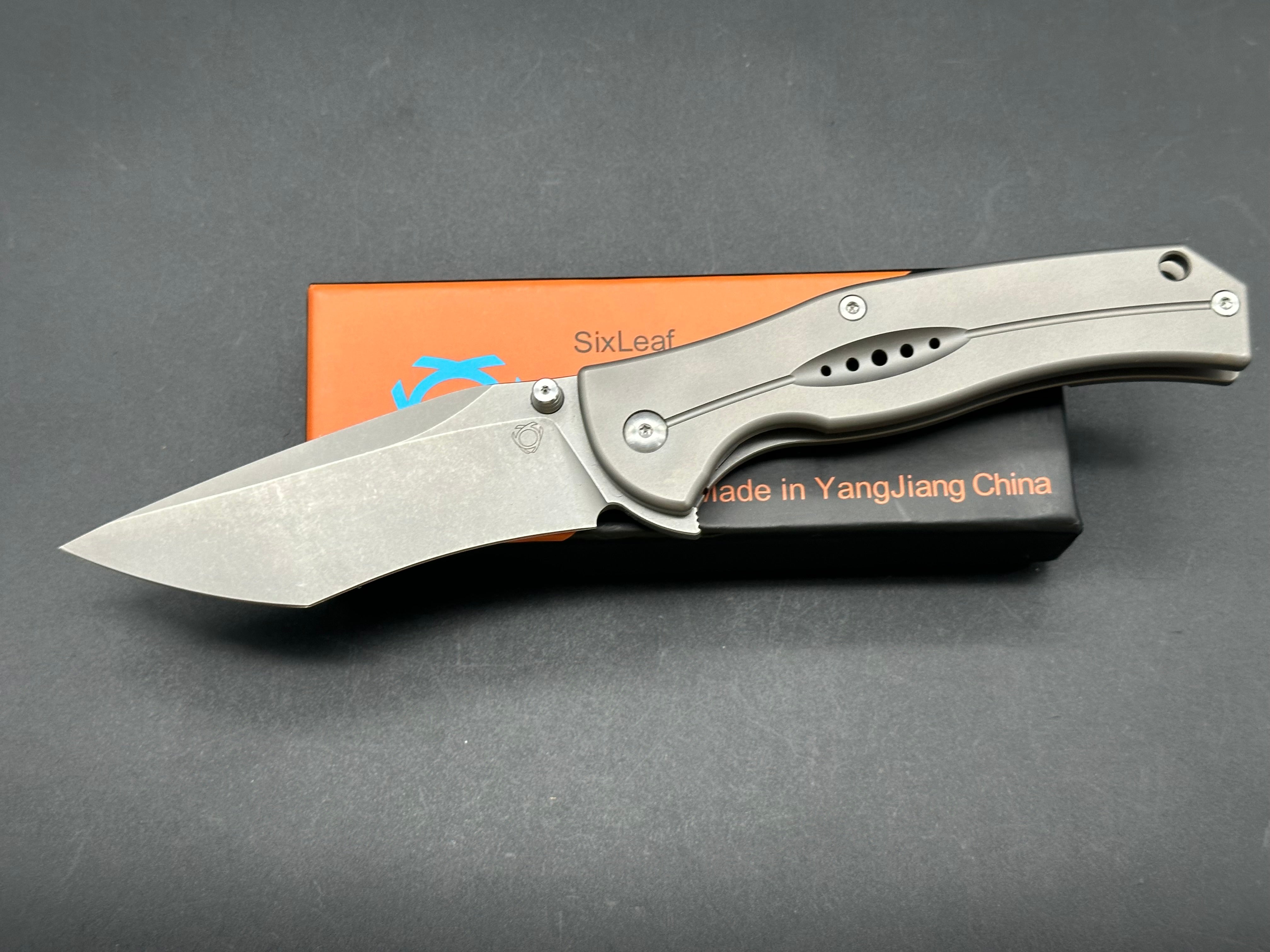 SixLeaf Flipper Folding Knife - Gray Titanium Handle, D2 Steel Plain Edge, SL-17 | EDC Pocket Knife for Outdoor, Camping & Everyday Carry