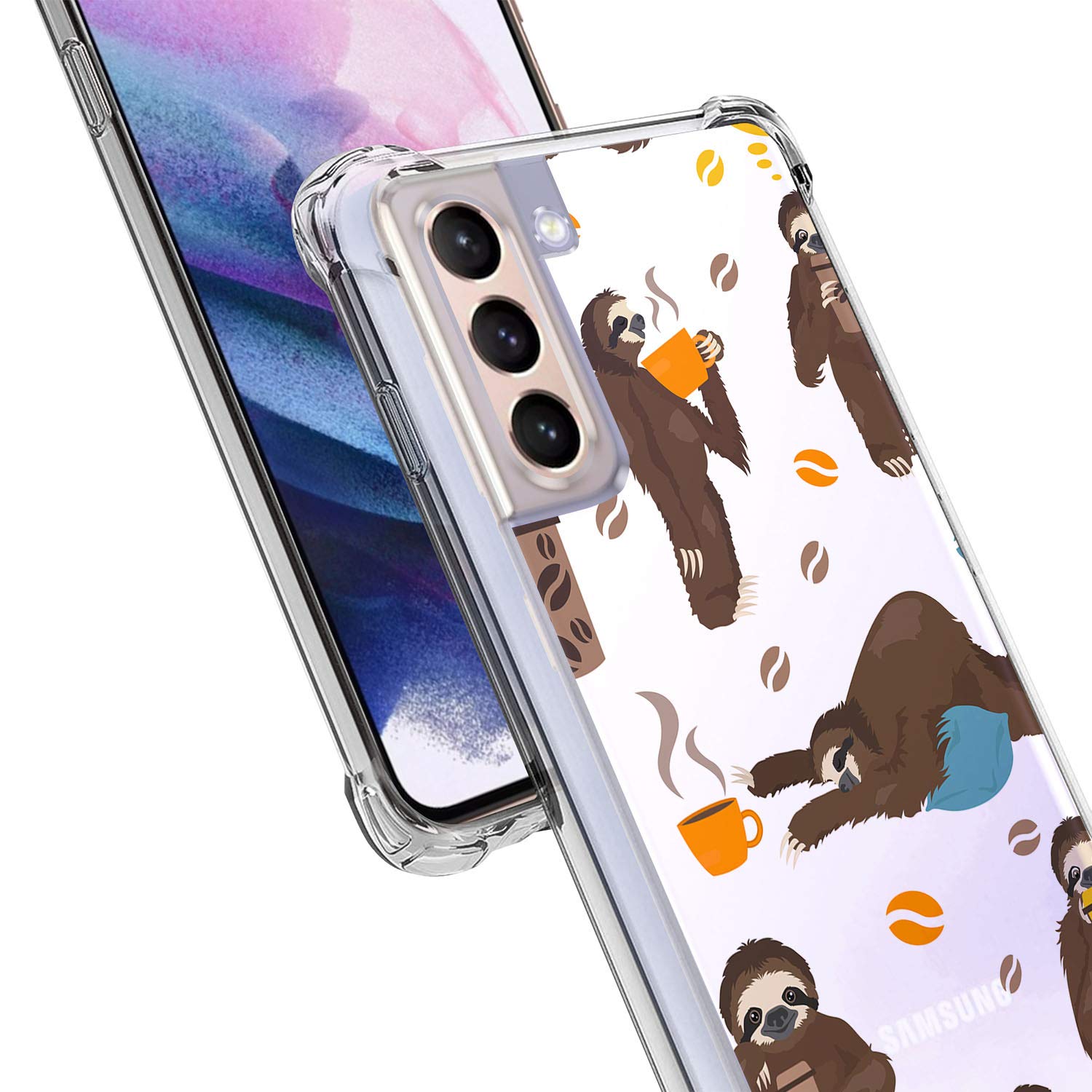 Clear Transparent Bumper Phone Case Compatible with Samsung Galaxy S21/S21 5G (2021) - Premium Protective Cover with Coffee Sloth Design | Perfect for Everyday Use, Work, and Travel