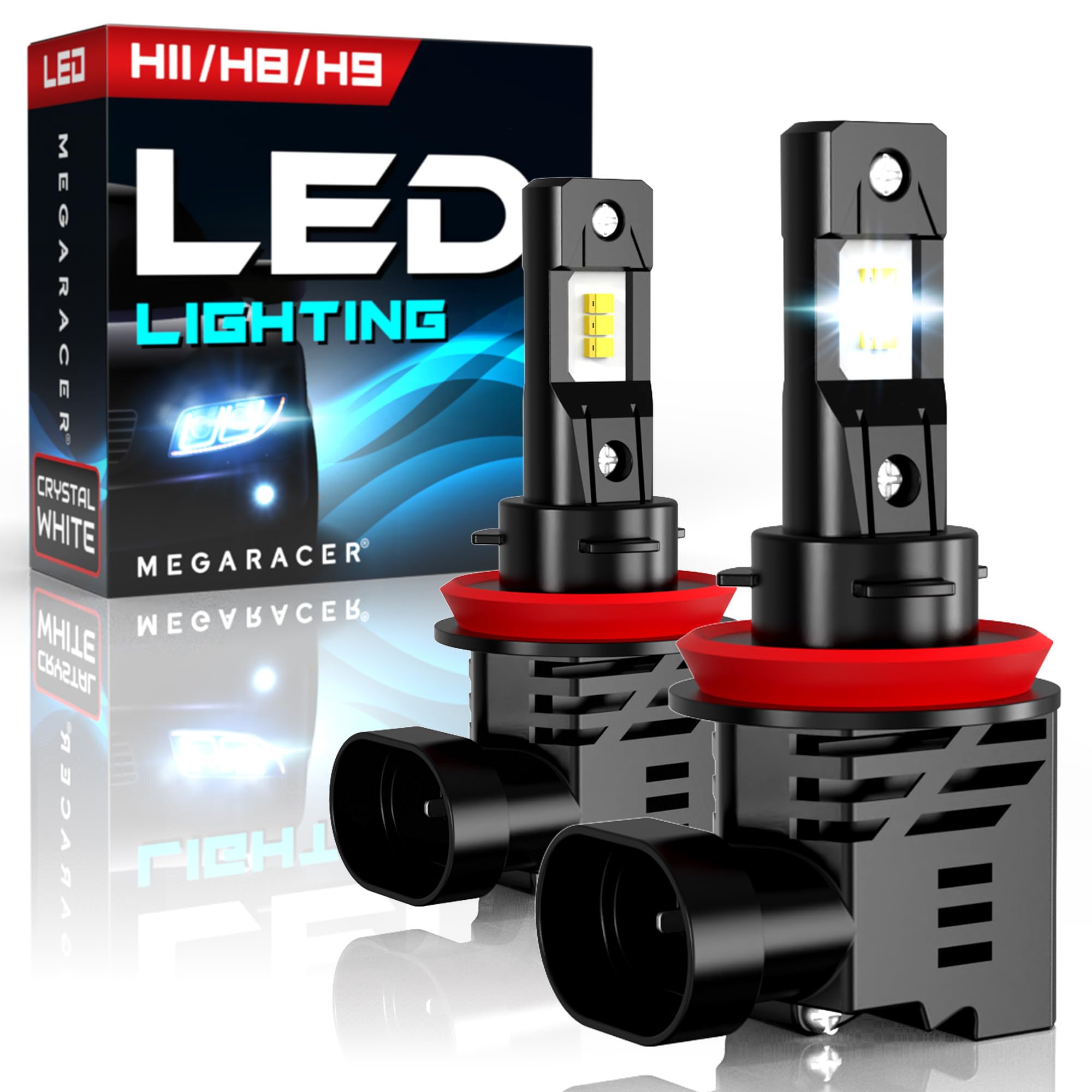 Mega Racer H11 H8 H9 LED Fog Light Bulbs - 700% Brighter 6500K Crystal White - Plug and Play Car Fog Lights for Enhanced Visibility in Rain & Snow - Pack of 2