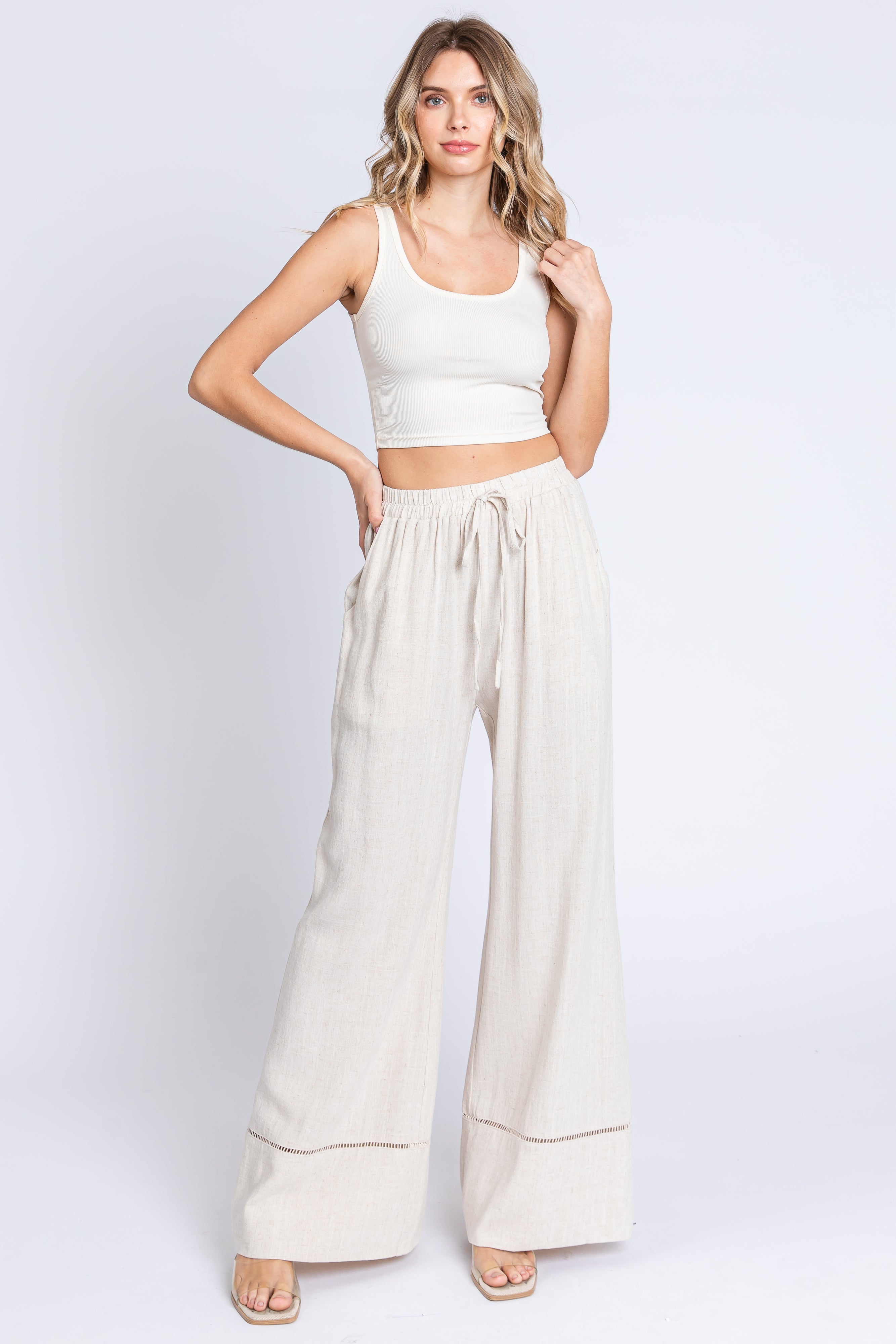 Beige Linen Maternity Pants Wide Leg with Lace Trim - Comfortable Pregnancy Pants for Work, Casual & Nursing Mothers
