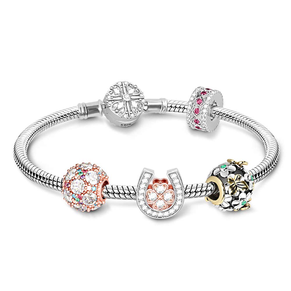 GNOCE 925 Sterling Silver Snake Chain Charm Bracelet for Women - Flower Clusters & Colorful Bead Bangle with Secure Clasp | Elegant Jewelry Gift for Birthday, Anniversary & Everyday Wear