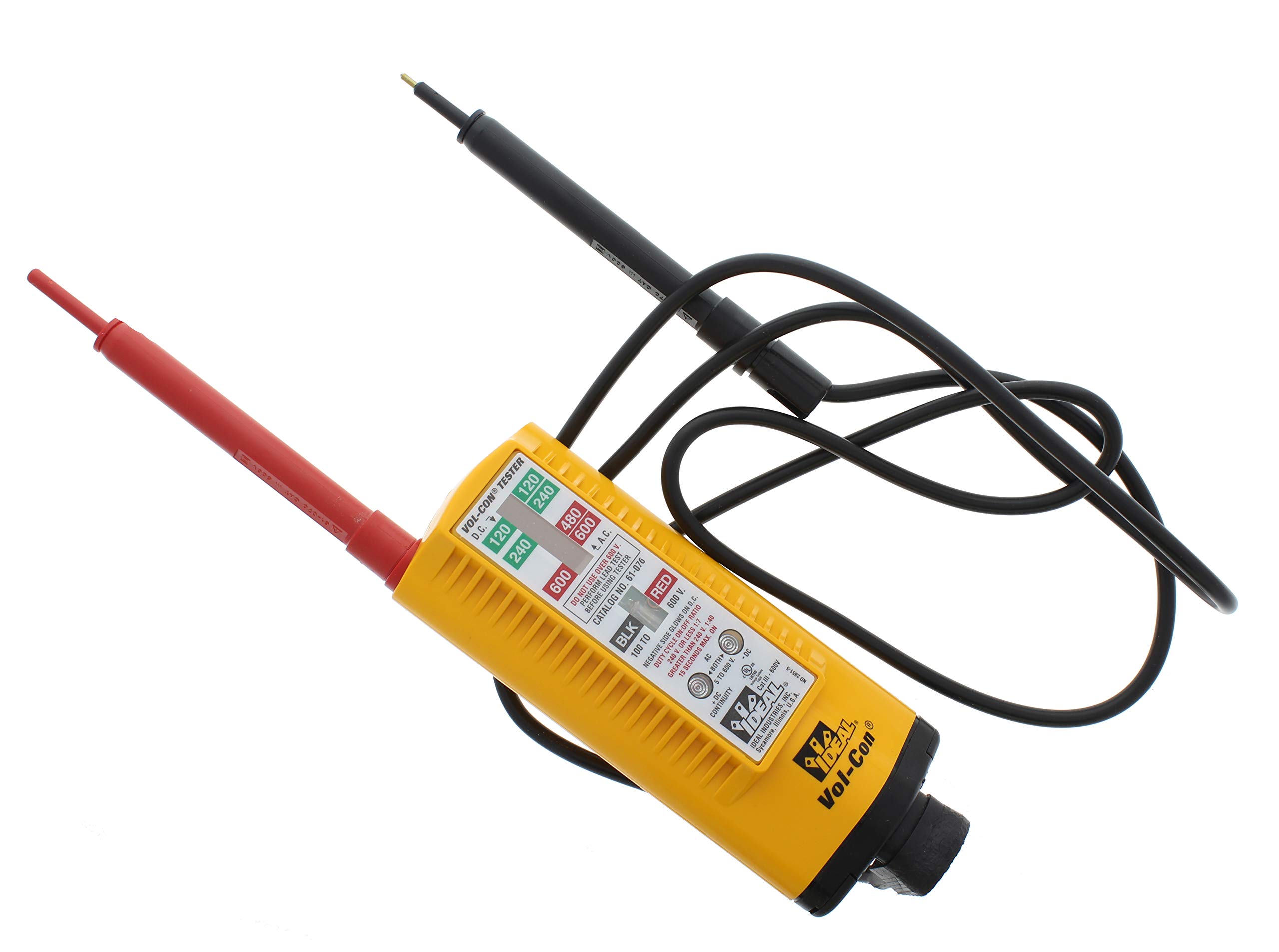 Ideal Electrical 61-076 Vol-Con Solenoid Voltage Tester with Vibration Mode - AC/DC Voltage Detector up to 600V, CAT III Safety Rated, Yellow - Perfect for Electricians, HVAC Technicians & Home Electrical Testing
