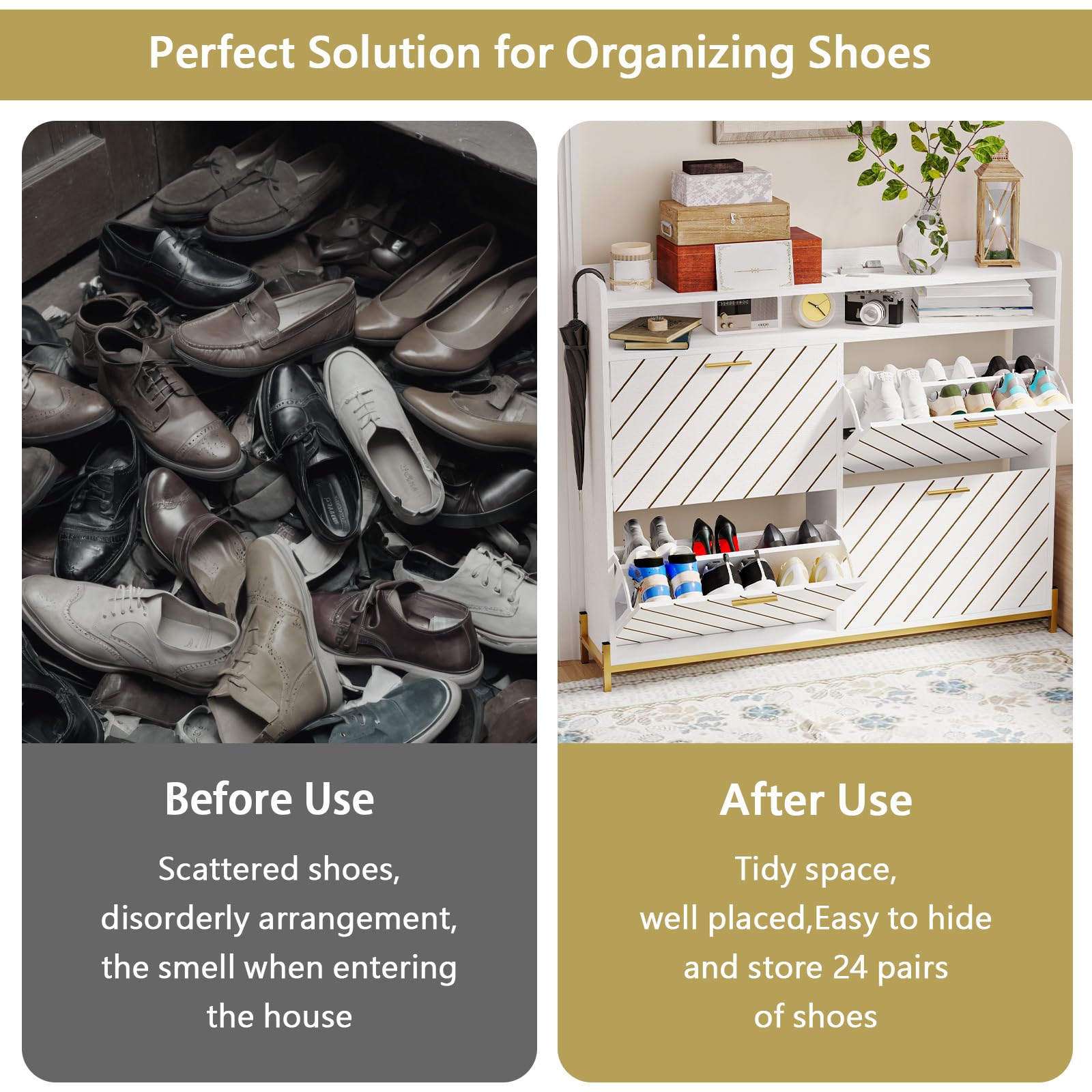 Slim Hidden Shoe Cabinet with 4 Flip Drawers - Large Shoe Rack Organizer with Open Storage Shelf for Entryway, Hallway & Closet - Space Saving Shoe Storage Solution for Small Apartments and Homes