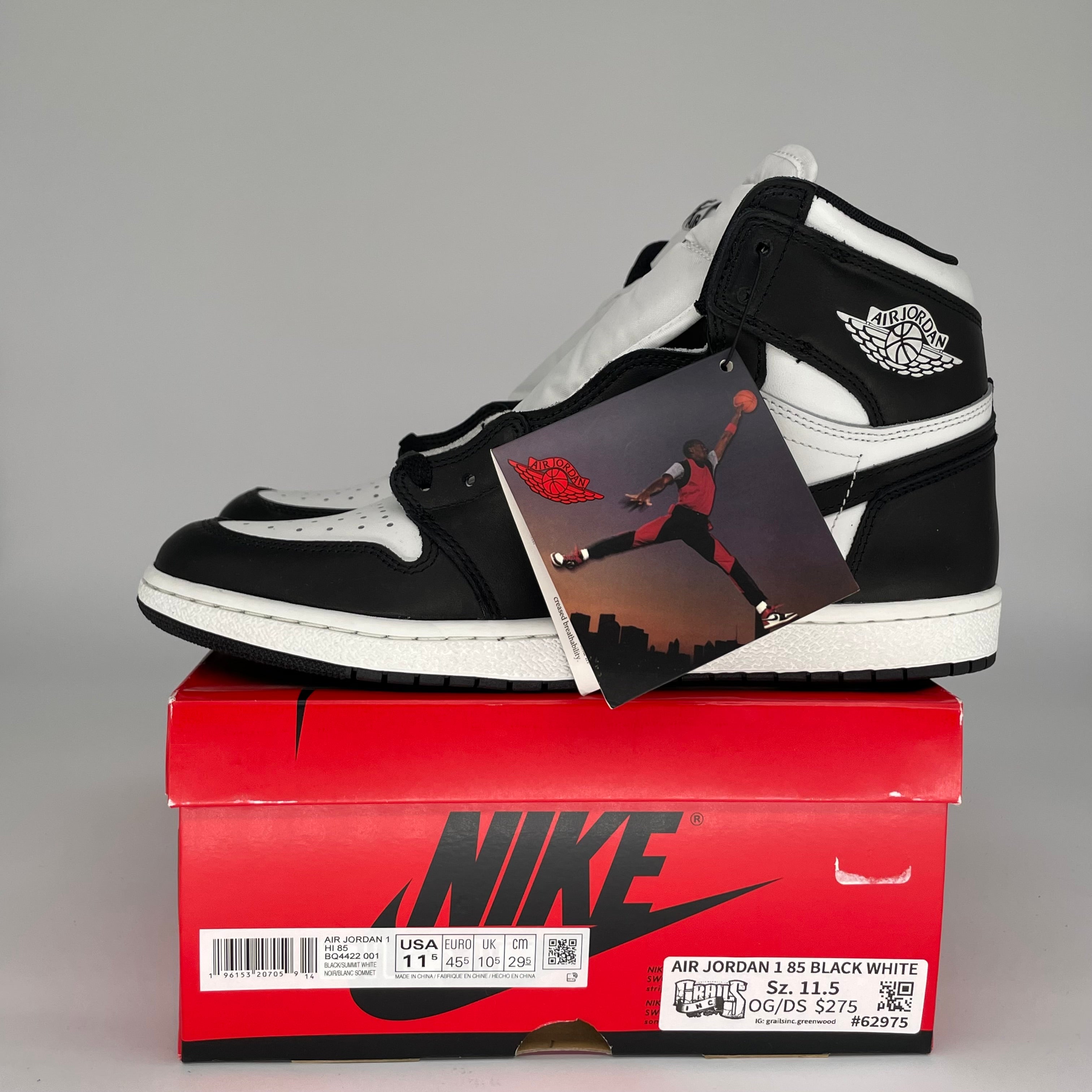 Original Air Jordan 1 '85 Black White Retro Basketball Shoes - Men's Size 11.5 (BQ4422-001) | Classic Sneakers for Streetwear, Casual & Basketball Games