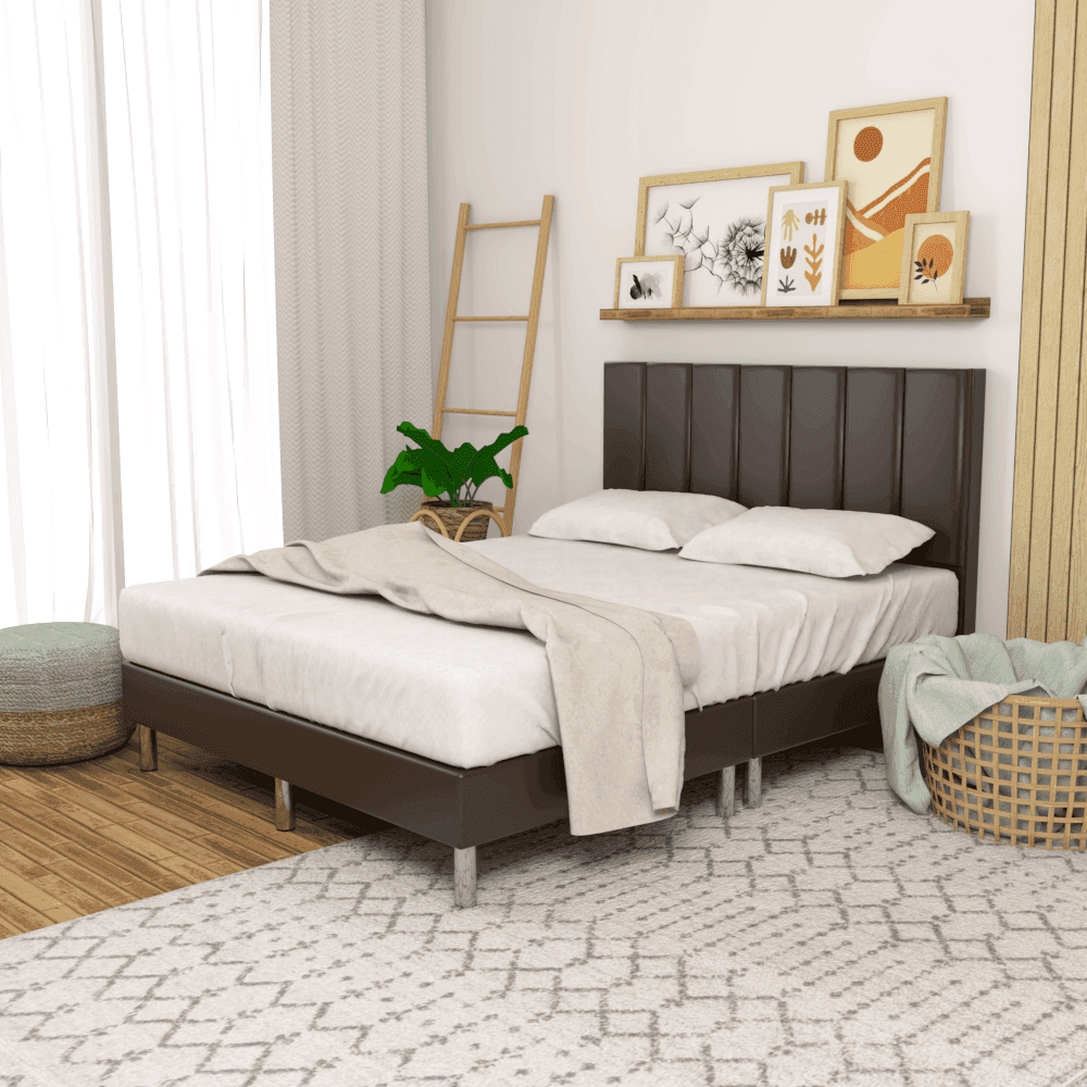 Makon Faux Leather Upholstered Bed Frame - Queen Size Platform Bed with Wooden Slats & Sturdy Metal Legs | Perfect for Modern Bedroom, Guest Room & Apartment Decor
