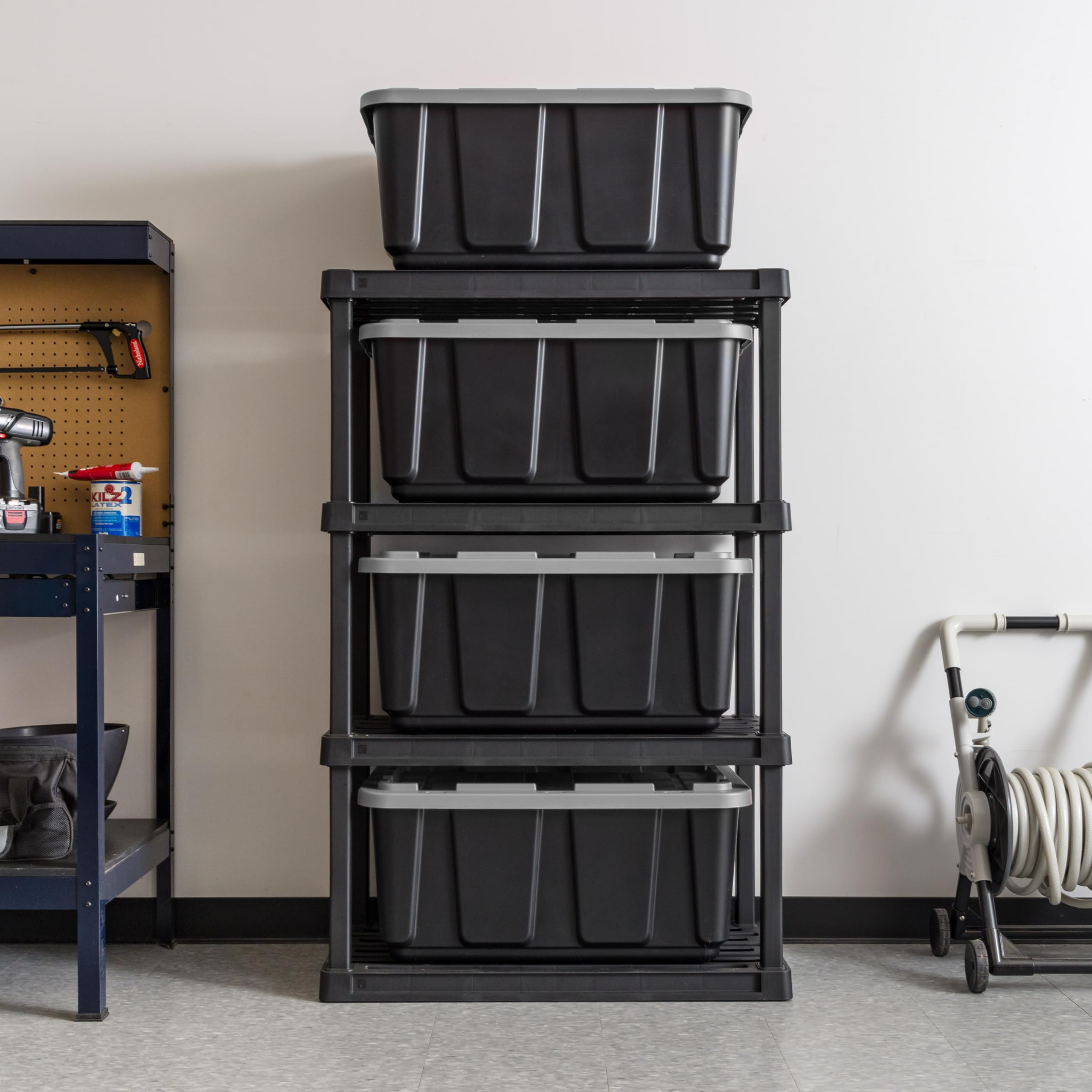 IRIS USA 27 Gallon Heavy Duty Truck Bed Toolbox Storage Tote Bins with Lids, 4 Pack - Made in USA | Stackable Industrial Tubs for Garage Organization, Workshop & Outdoor Storage | Durable Snap-On Lids, Reusable Black/Gray Containers
