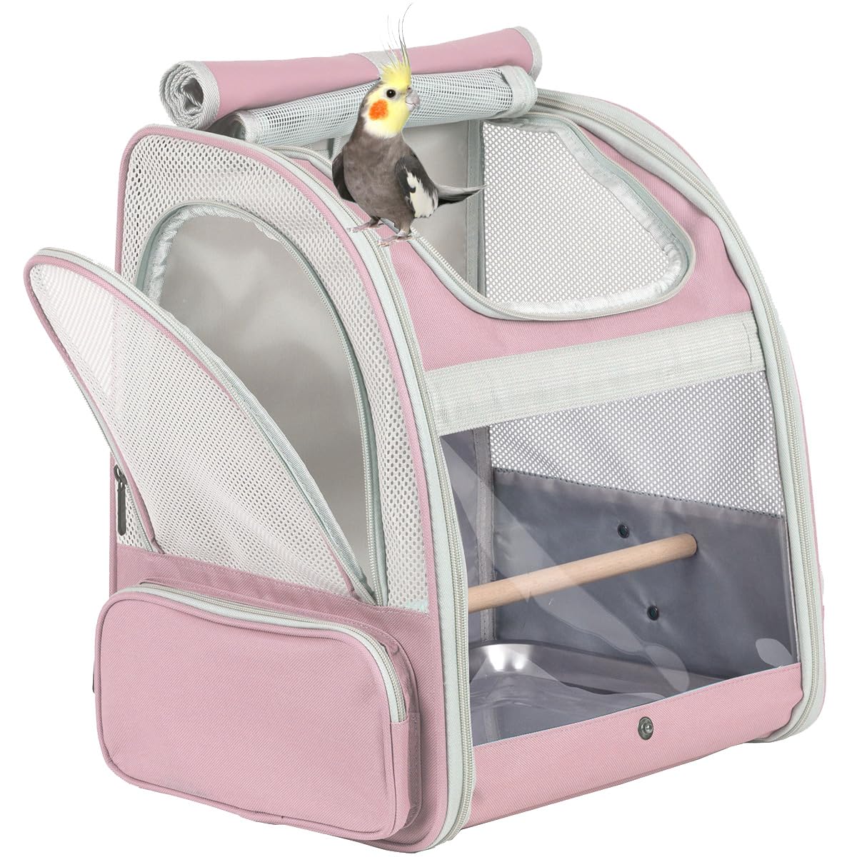 Bird Carrier Backpack with Wooden Stand Perch - Portable Travel Cage for Small Birds (Pink) | Perfect for Vet Visits, Outdoor Adventures & Air Travel
