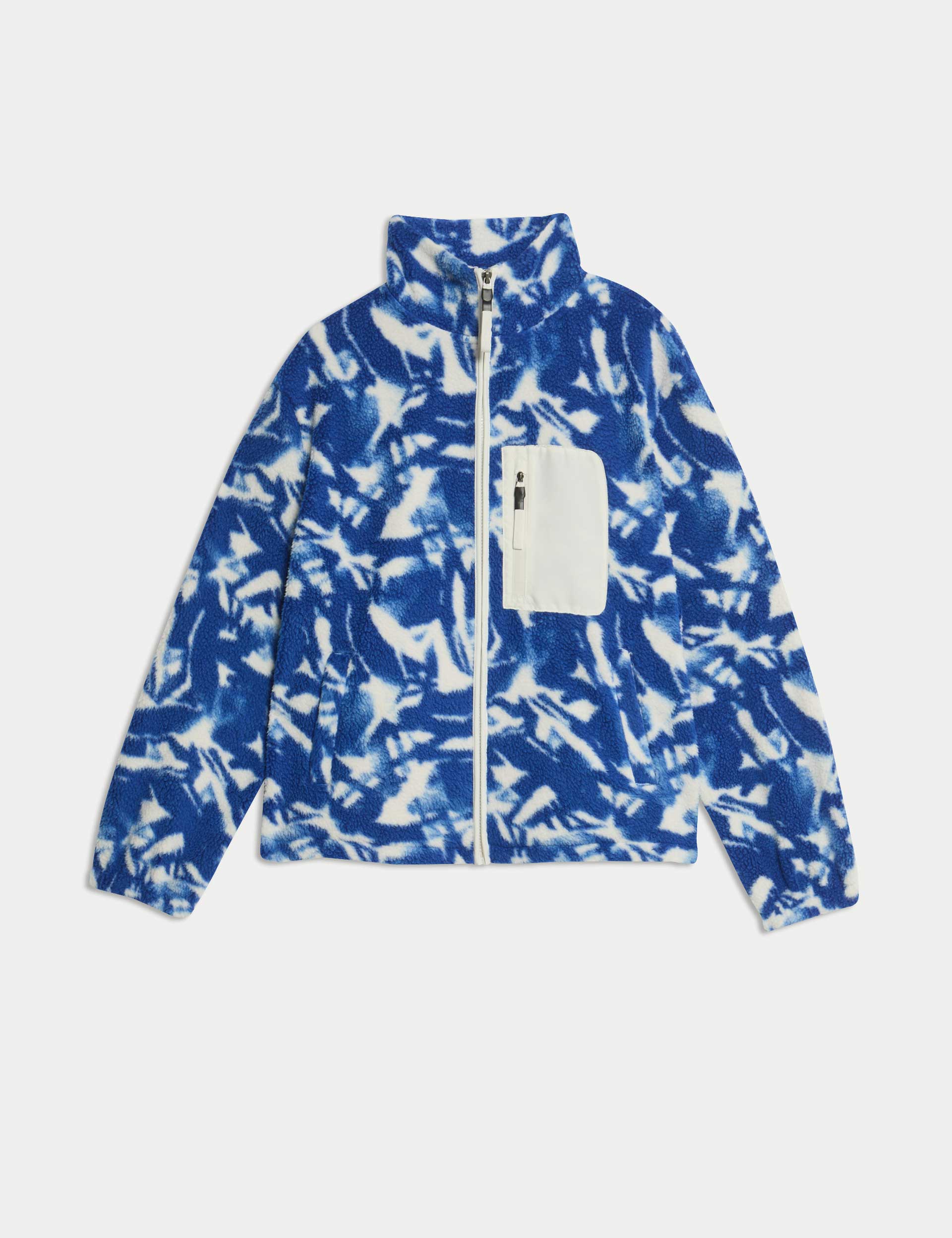 Borg Printed Funnel Neck Zip Up Fleece Jacket - Blue/White - Warm Winter Outerwear for Men & Women - Perfect for Hiking, Camping & Outdoor Activities