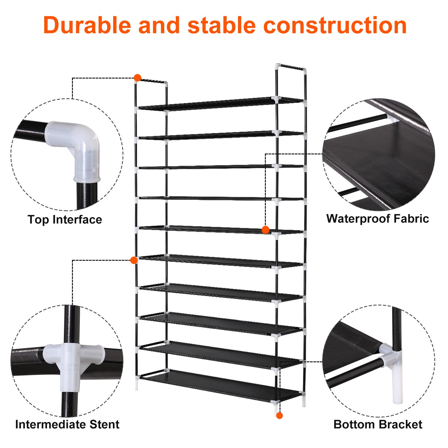 ERONE 10-Tier Shoe Rack Organizer - Tall Metal Shoe Storage Cabinet for Closets & Entryway | Non-Woven Fabric Sturdy Shoe Shelf Tower | Space-Saving Home Organization Solution (Black) | Perfect for Small Apartments & Mudroom Storage