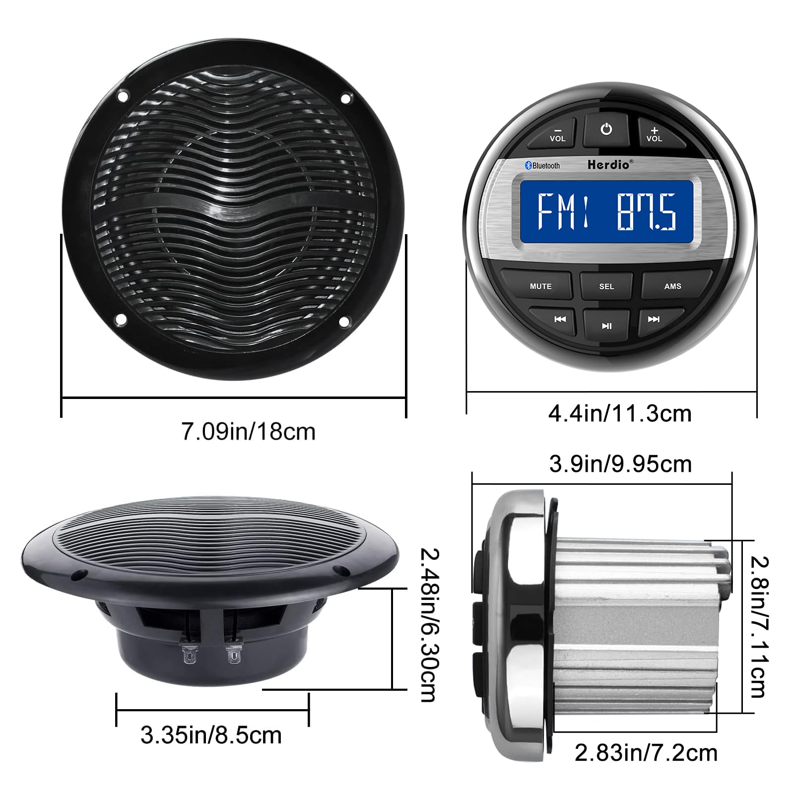 Herdio Marine Bluetooth Radio Speaker Set - 6.5 Inch Waterproof Flush Mount Ceiling Speakers with Marine Gauge Head Unit & Flexible Rubber FM/AM Antenna | Perfect for Boats, Yachts, and Marine Entertainment Systems