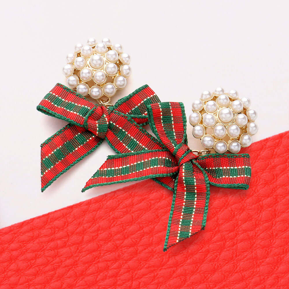 Green and Red Pearl Christmas Bow Dangle Earrings - Elegant Holiday Jewelry for Women, Party & Gift Giving