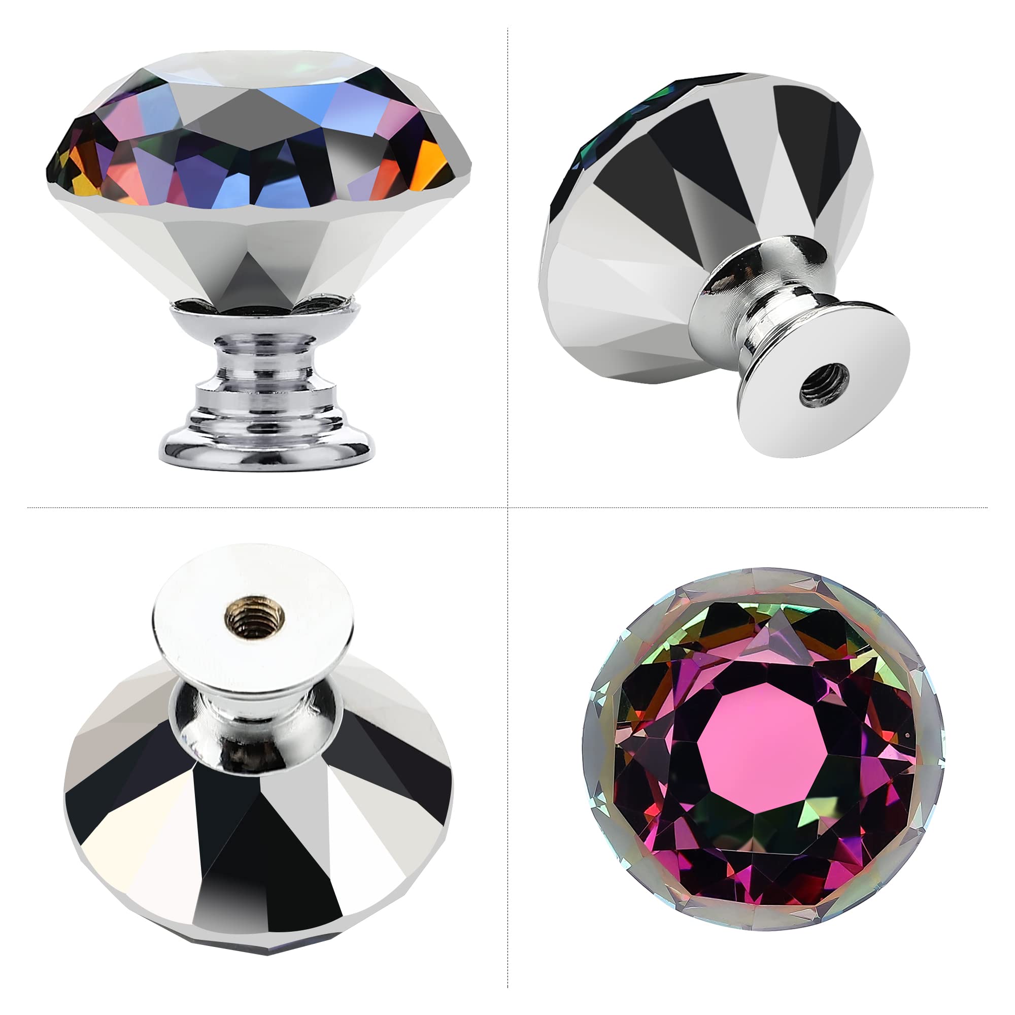 10 Pack Colorful Crystal Cabinet Knobs - 30mm Diamond Shaped Glass Drawer Pulls with Black Base for Dresser, Wardrobe & Furniture (Perfect for Bedroom, Bathroom & Kitchen Cabinets)