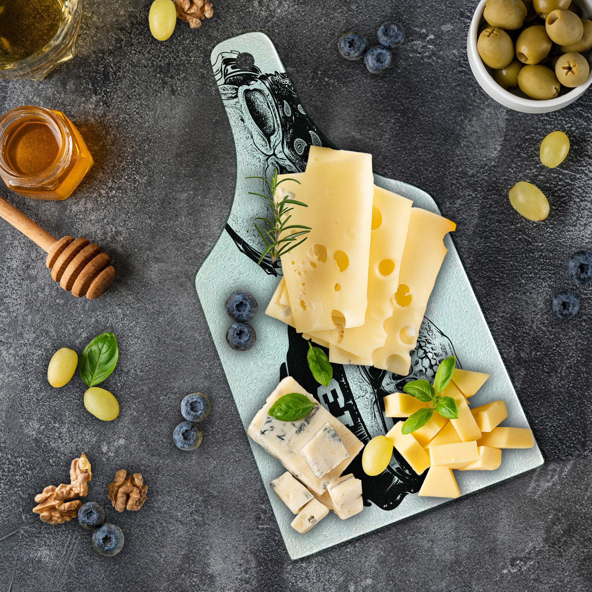 Ambesonne Skull Cutting Board - Black & White Tempered Glass Serving Board with Grunge Print | Wine Bottle Shape for Kitchen, Party & Bar Use | Funny Skull Band Design for Home Decor & Entertaining