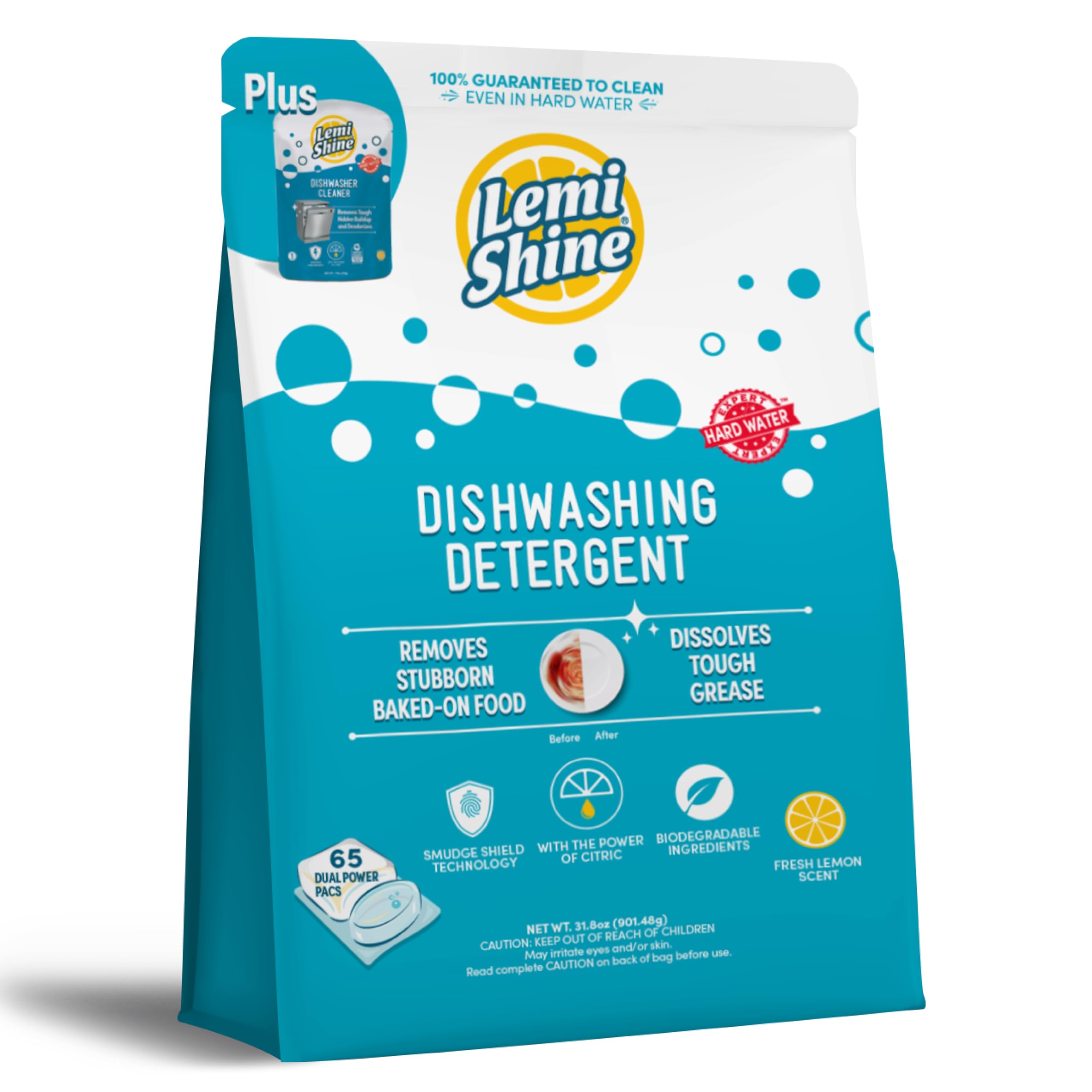 Lemi Shine Natural Dishwasher Detergent Pods + Cleaner - 65 Count | All-In-One Powder & Gel Pods with Citric Acid | Eco-Friendly Dishwashing Supplies for Sparkling Clean Dishes | Perfect for Daily Use in Homes & Restaurants