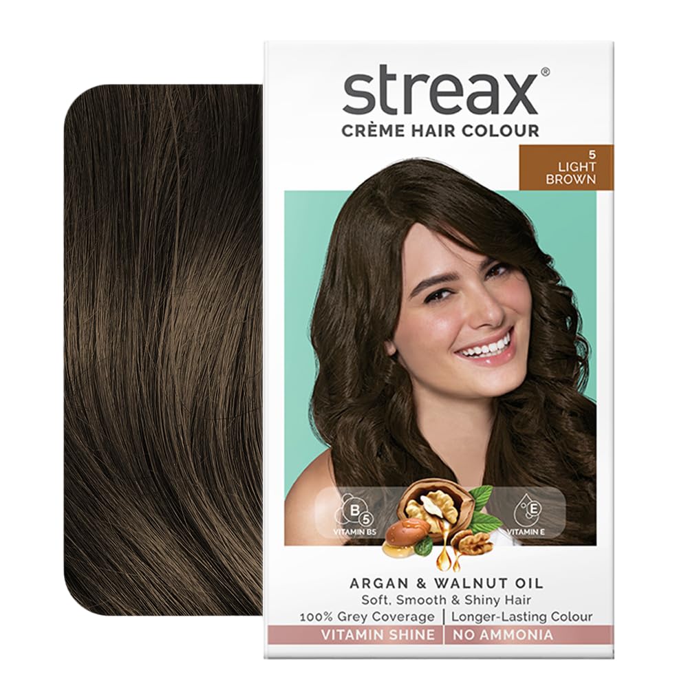 Streax Permanent Hair Color Cream - 100% Gray Coverage with Argan & Walnut Oil - Long Lasting Women's Hair Dye - 5 Light Brown (120ml) - Perfect for Home Use, Salon-Quality Results, DIY Hair Coloring & Touch-Ups