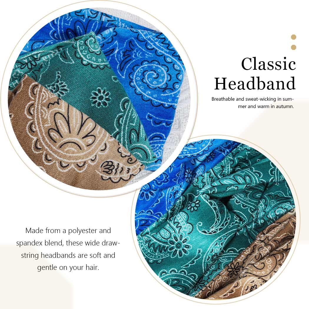 Boho Stretchy Knotted Headbands for Women & Girls - Pack of 3 Wide Hair Bands & Turban Headwraps in Blue - Perfect for Yoga, Workouts, and Casual Fashion