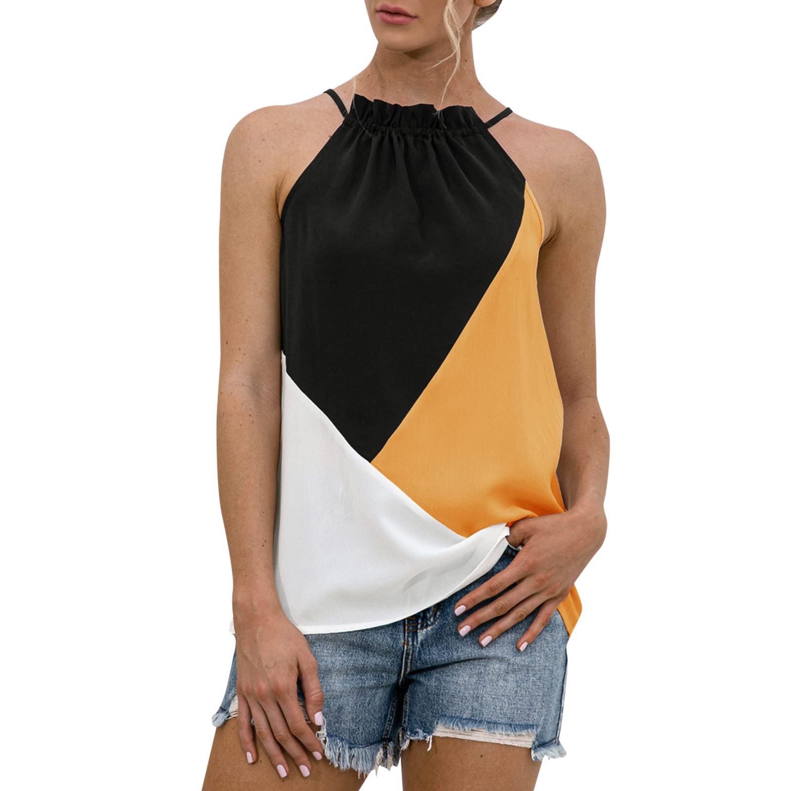 Women's Sleeveless Patchwork Print Halter Tank Top - Summer Casual Cropped Blouse for Beach, Yoga & Everyday Wear