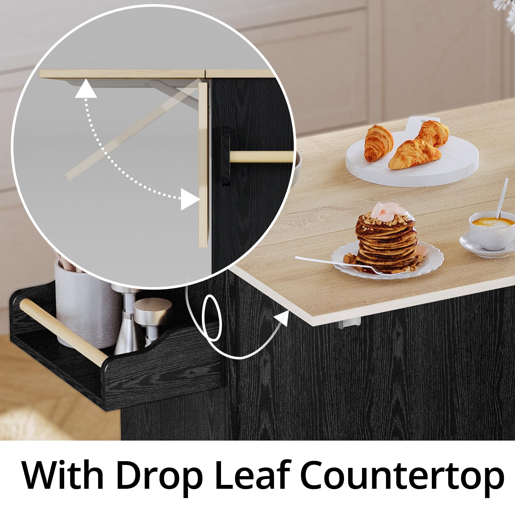 IRONCK Black Kitchen Island Cart with Storage - Rolling Mobile Kitchen Island with Drop Leaf, Charging Station, 3-Tier Spice Rack, Cabinet & Drawer - Perfect for Small Kitchens, Dining Areas & Food Prep Stations