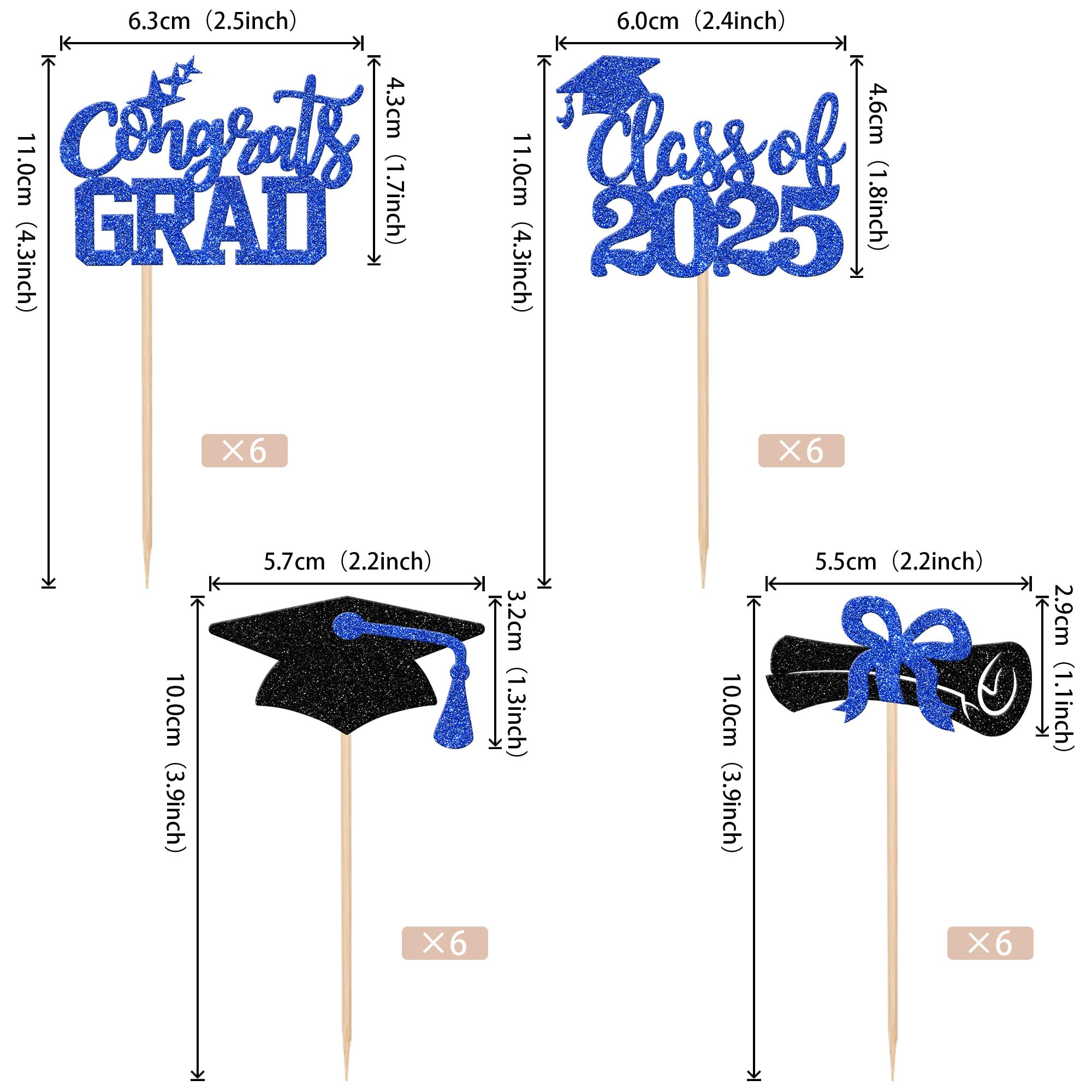 24 PCS Class of 2025 Graduation Cupcake Toppers - Glitter Diploma & Grad Cap Cake Decorations - Blue Graduation Party Supplies for 2025 Theme Celebrations, School Events & Dessert Decorating