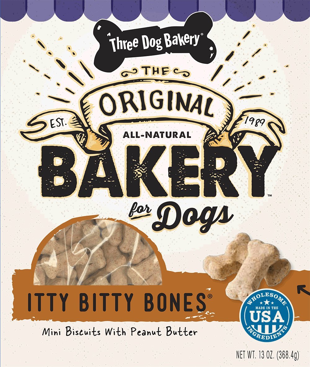 Three Dog Bakery Itty Bitty Bones - Peanut Butter Baked Dog Treats, 13oz | Small Crunchy Training Rewards & Healthy Snacks for Puppies & Adult Dogs | Perfect for Travel, Training & Daily Treats