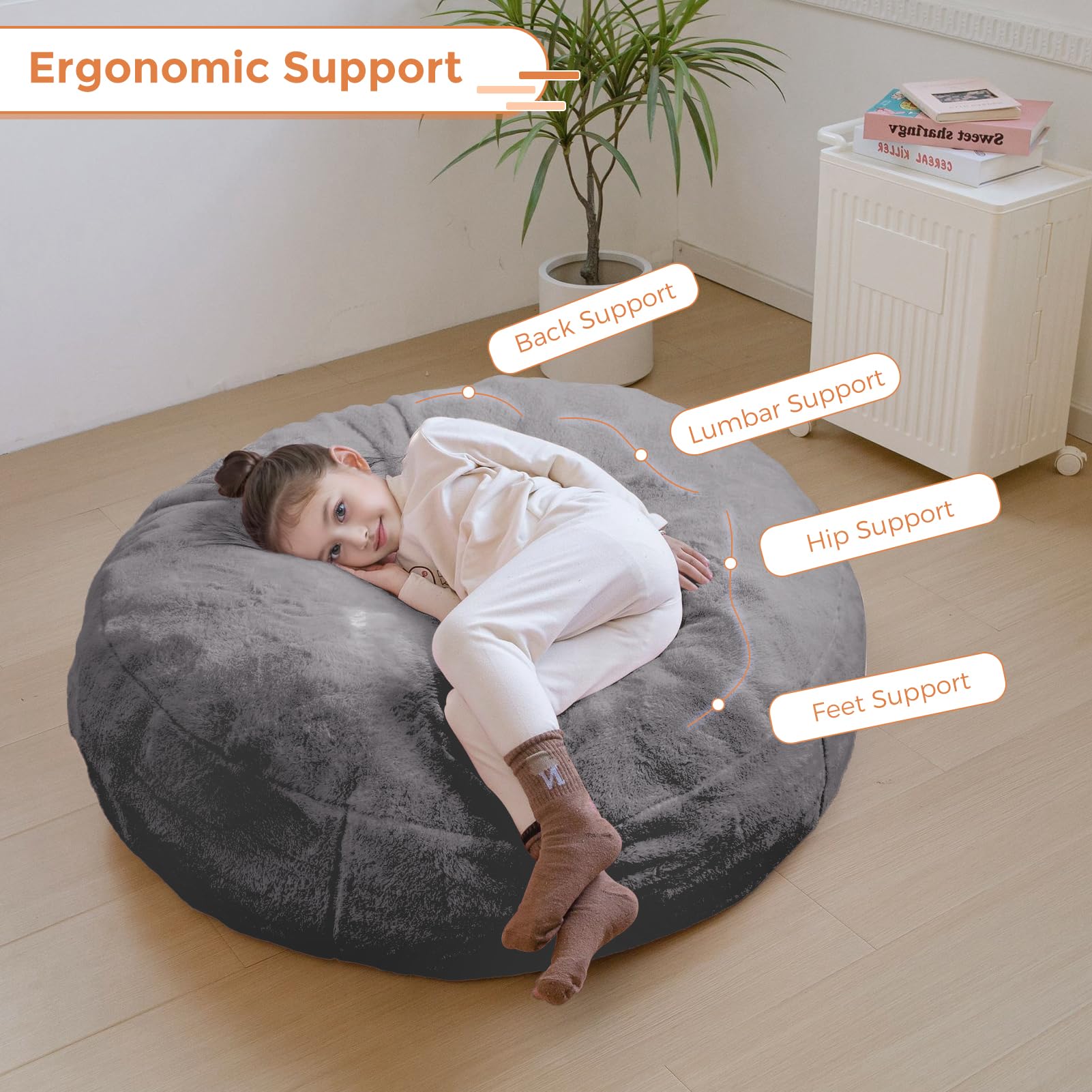 MAXYOYO 3-in-1 Kids Bean Bag Chair Bed - Convertible Faux Fur Round Floor Sofa for Children's Room, Gaming & Reading Nook - Dark Grey - Perfect for Playrooms, Bedrooms & Cozy Corners