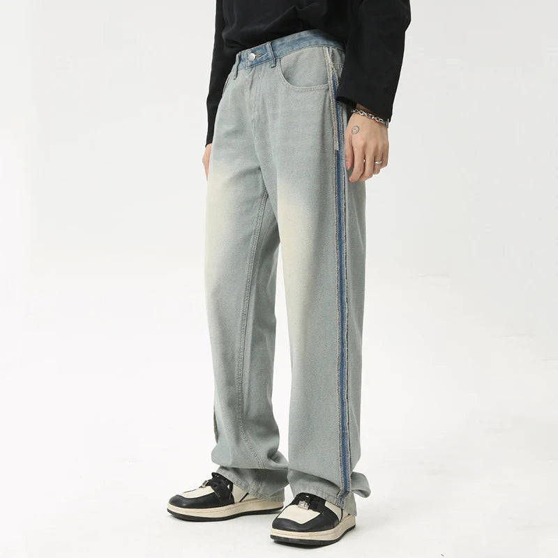 Trendy American Style Men's Loose Fit Zipper Stripe Wide Leg Washed Denim Jeans - High Street Fashion Summer Pants (Style 9C6088) | Perfect for Casual Outings, Streetwear Looks & Summer Fashion