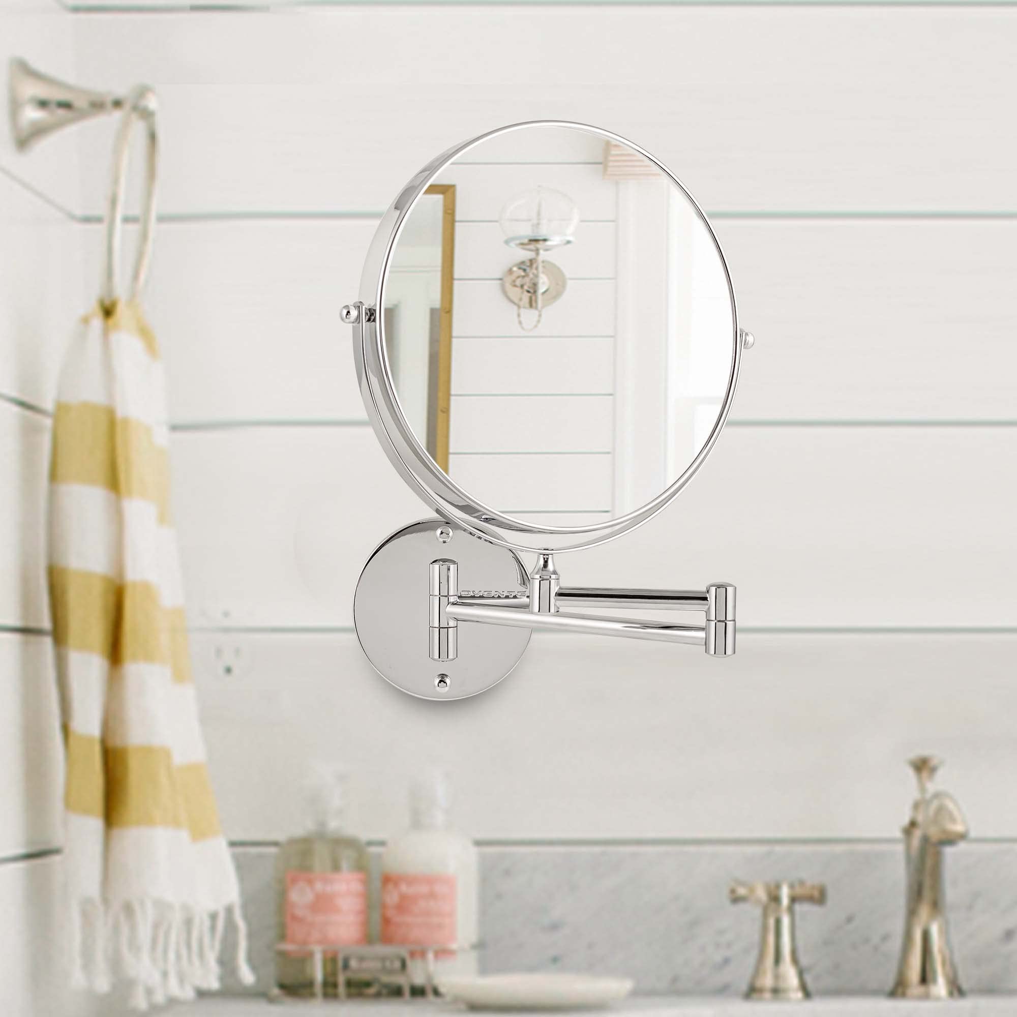 OVENTE 9 Inch Wall Mounted Makeup Mirror with 1X & 7X Magnification - Double Sided Round Bathroom Vanity Mirror, 360° Swivel Design, Extendable Folding Arm, Polished Chrome Finish - Perfect for Makeup Application, Shaving & Skincare Routine (MNLFW90CH1X7X)