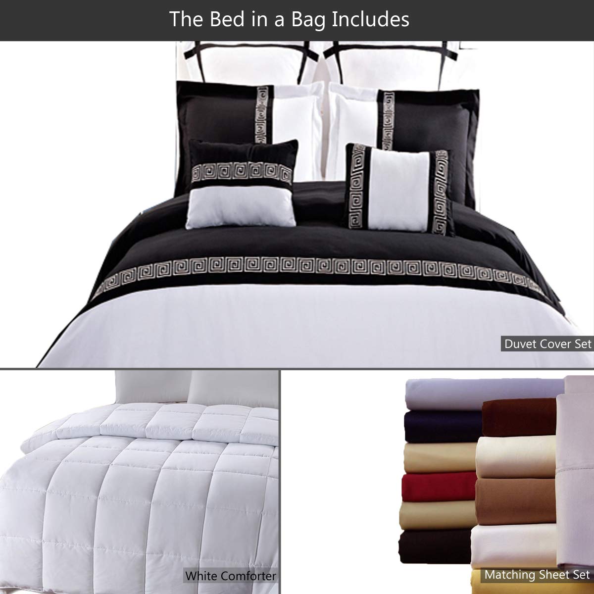 12-Piece Embroidered Microfiber Queen Size Bed in a Bag Set - Black & White Astrid Duvet Cover, 100% Cotton 300TC Sheets, Down Alternative Comforter - Luxury Bedding for Master Bedroom, Guest Room & Dorm