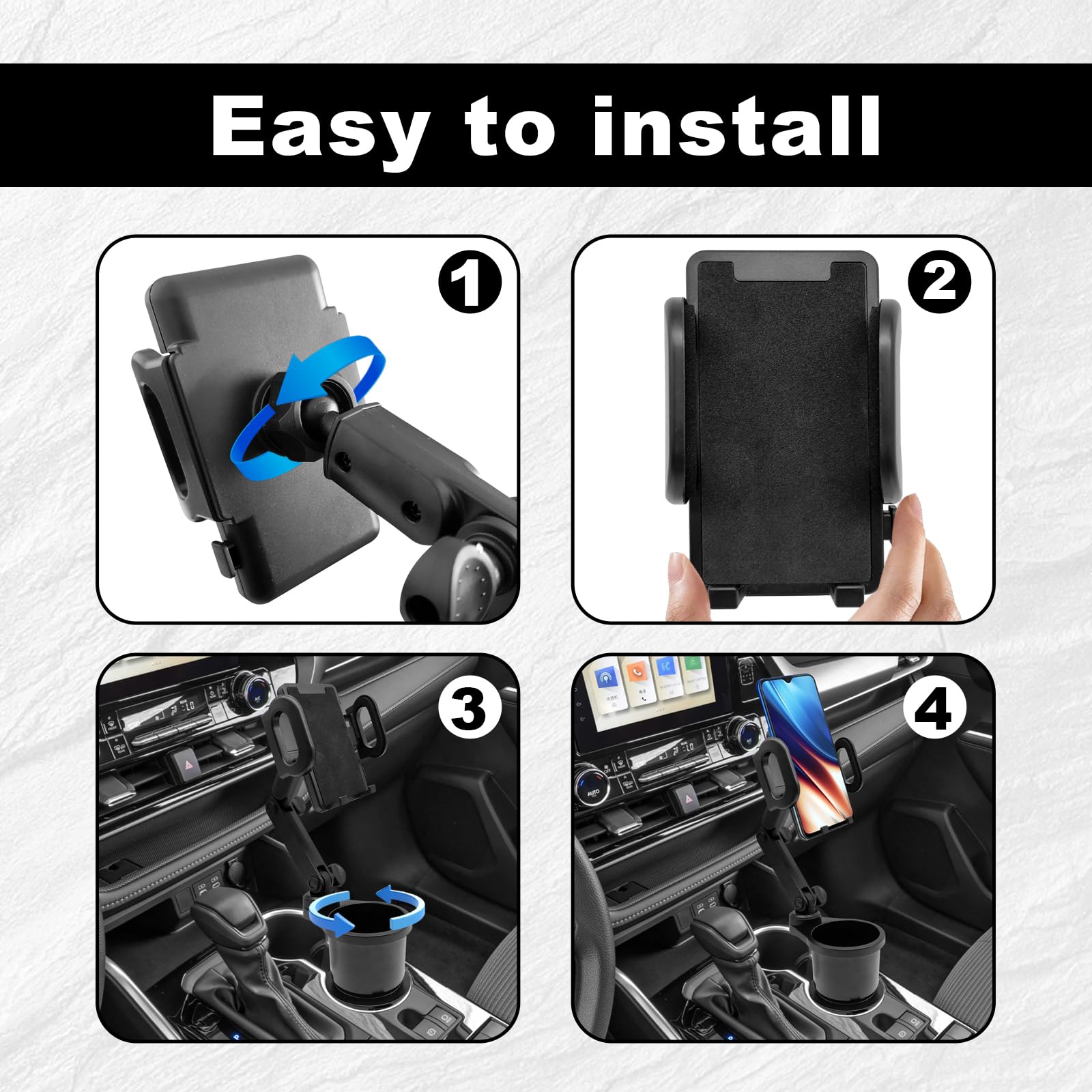 2-in-1 Car Cup Holder Expander with Phone Mount - Adjustable Base & 360° Rotation - Compatible with iPhone & All Smartphones - Perfect for Road Trips & Commuting