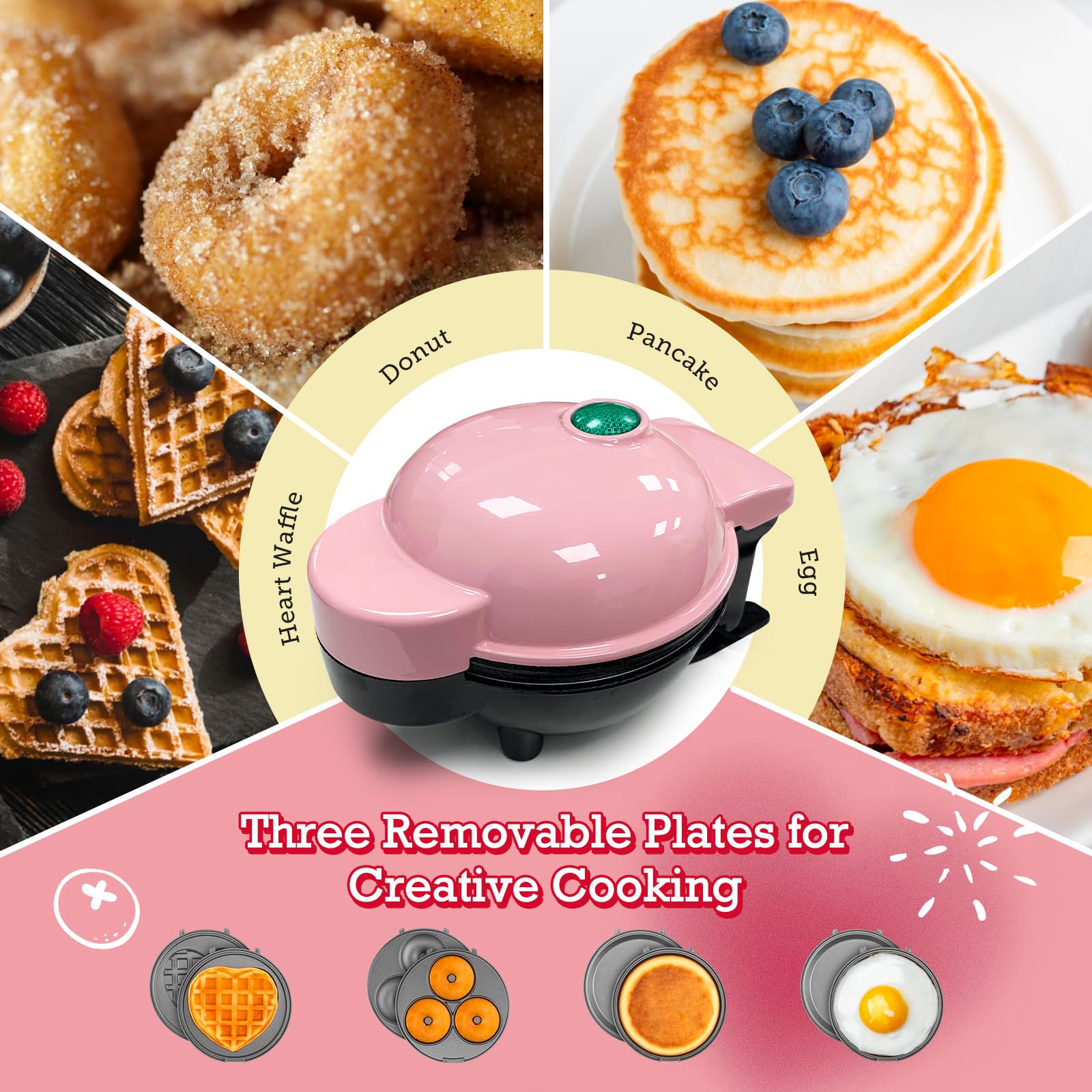 Mini Waffle Maker with 6 Removable Plates - 3-in-1 Multi-Function Heart Waffle Iron for Keto Diet, Kids & Family - 4