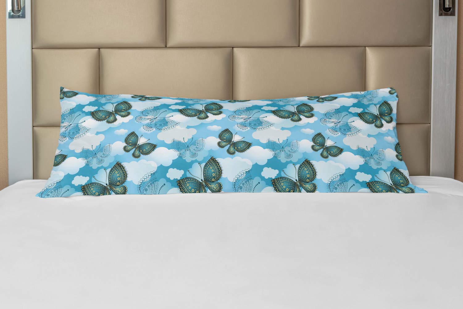 Ambesonne Butterfly Body Pillow Cover with Zipper - Floral Moth & Cloud Design - 21x54 Inch Decorative Pillowcase - Sky Blue & Dark Teal - Perfect for Home Decor, Bedroom Accent & Anime Lover Gift