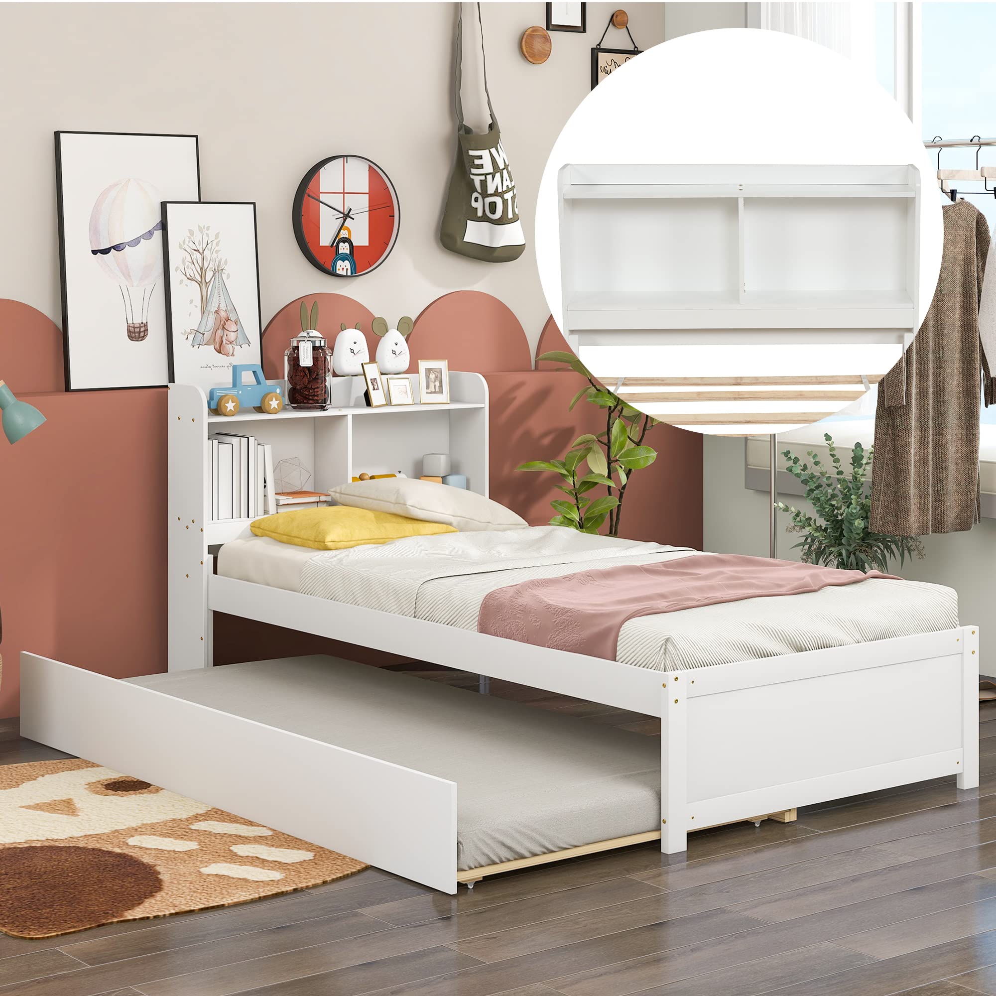 Harper & Bright Designs Twin Bed with Trundle - Wooden Twin Platform Bed Frame with Bookcase Headboard, Pull-Out Trundle Bed for Kids, Girls & Boys - No Box Spring Needed - White - Perfect for Small Bedrooms, Guest Rooms & Kids' Sleepovers