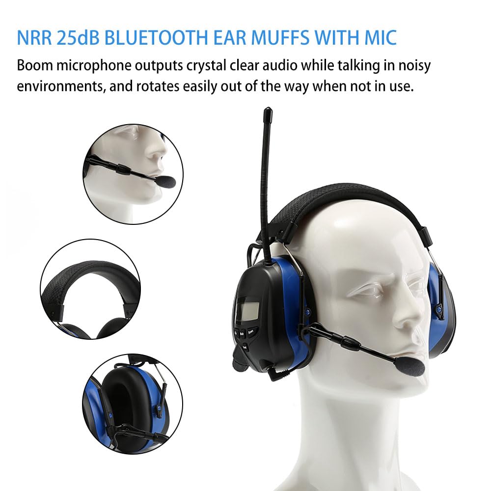Digital Radio Ear Muffs with Boom Microphone - Bluetooth AM/FM Hearing Protection Headphones for Lawn Mowing & Outdoor Work (AAA Battery Powered, Blue) - Perfect for Construction, Shooting Range & Noise Reduction