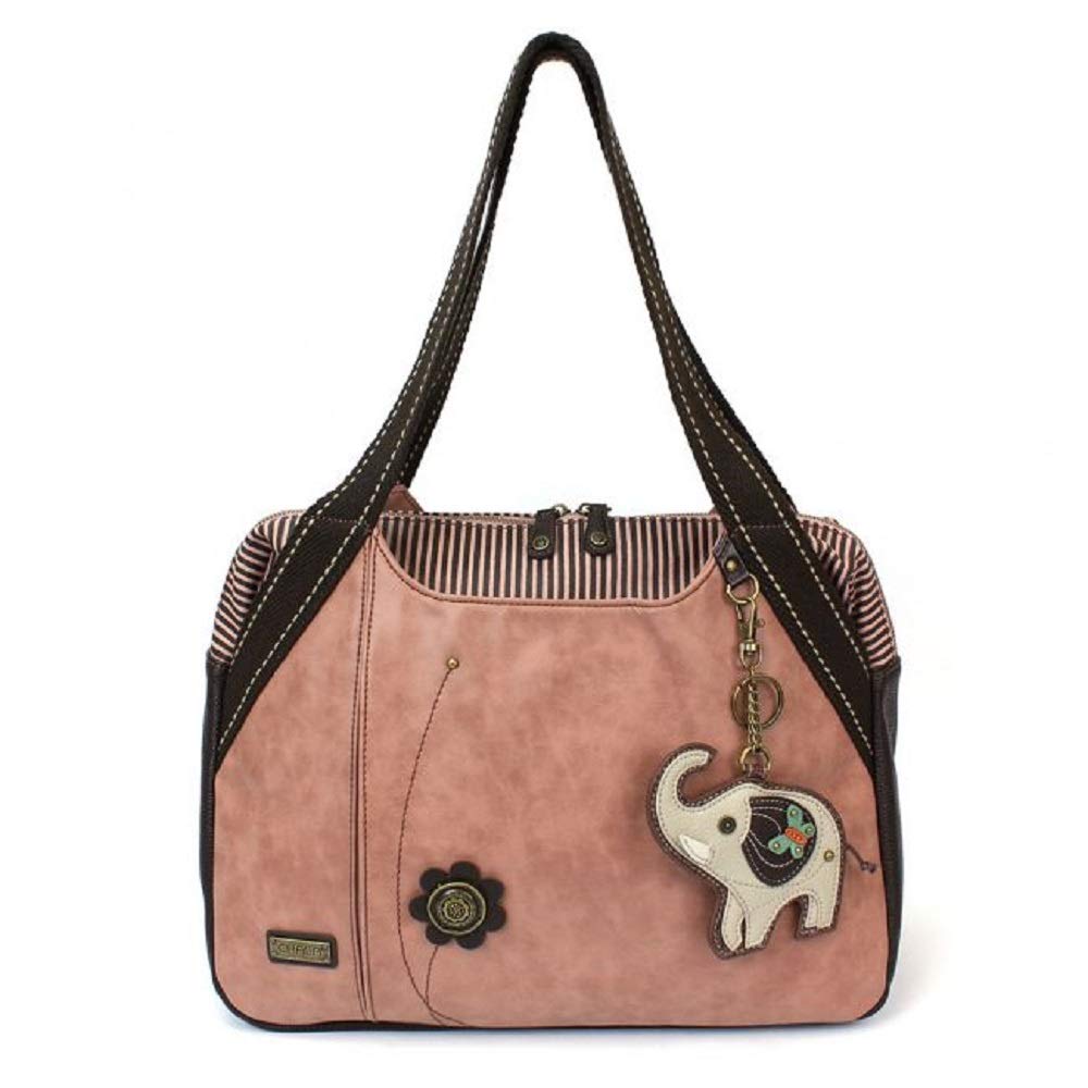 Chala Handbag - Large Bowling Zip Tote Bag for Women, Vegan Leather in Dusty Rose Pink & Gray Elephant Print - Perfect for Work, Travel & Everyday Use